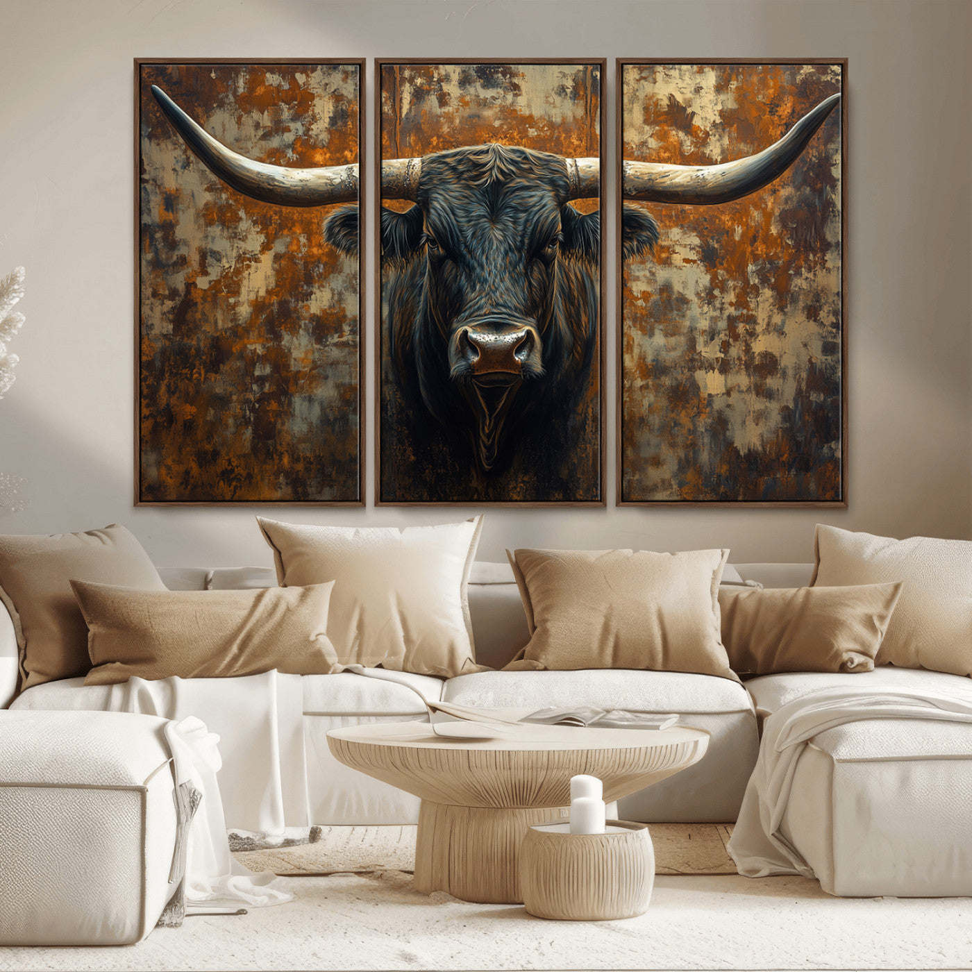 MGV-FC-48X32-3P - Longhorn Texas Cow Bull Wall Art | Rustic Farmhouse Canvas Print | Ready to Hang Barn Decor for