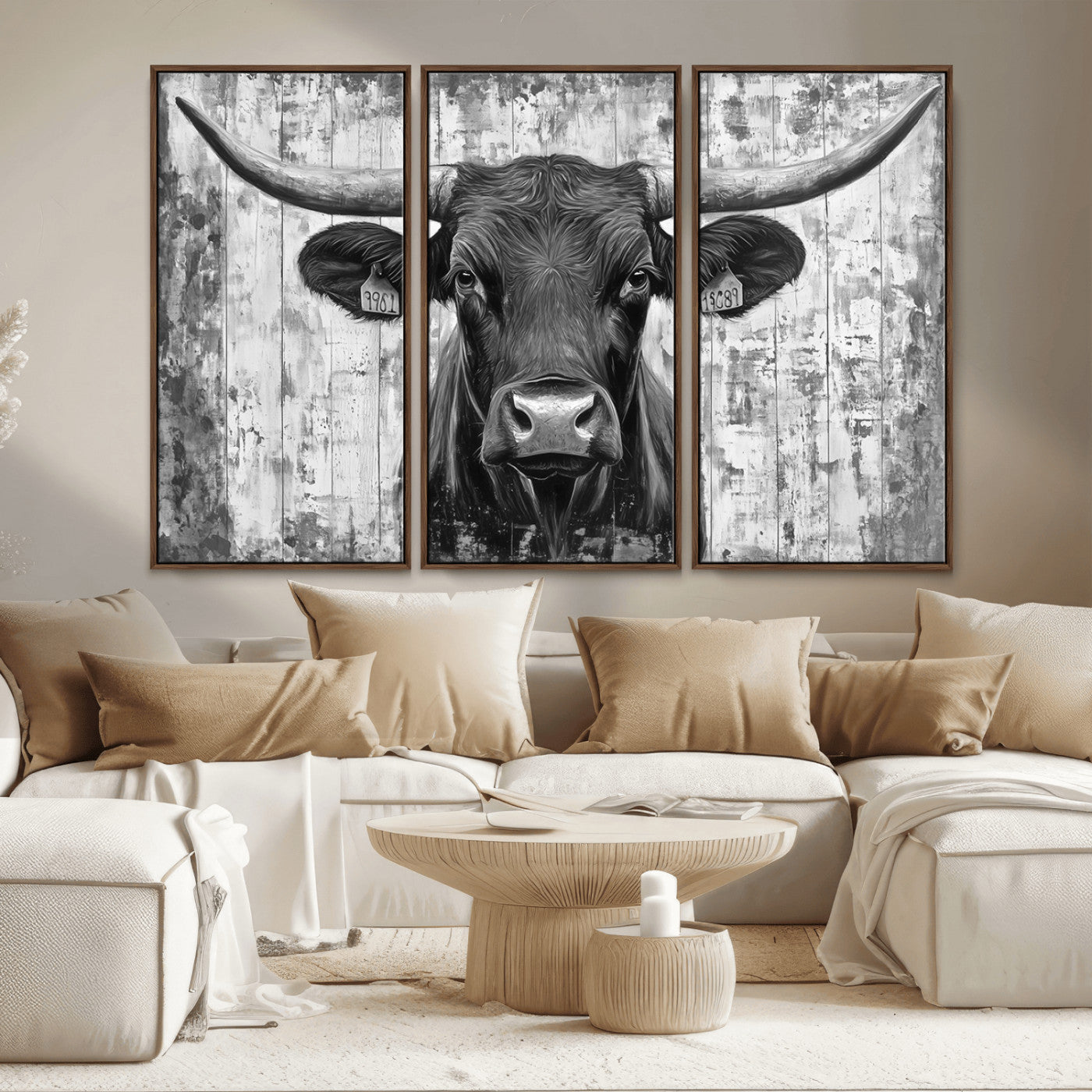 MGV-FC-48X32-3P - Abstract Longhorn Bull Wall Art Canvas Print - Rustic Texas Western Cow Artwork