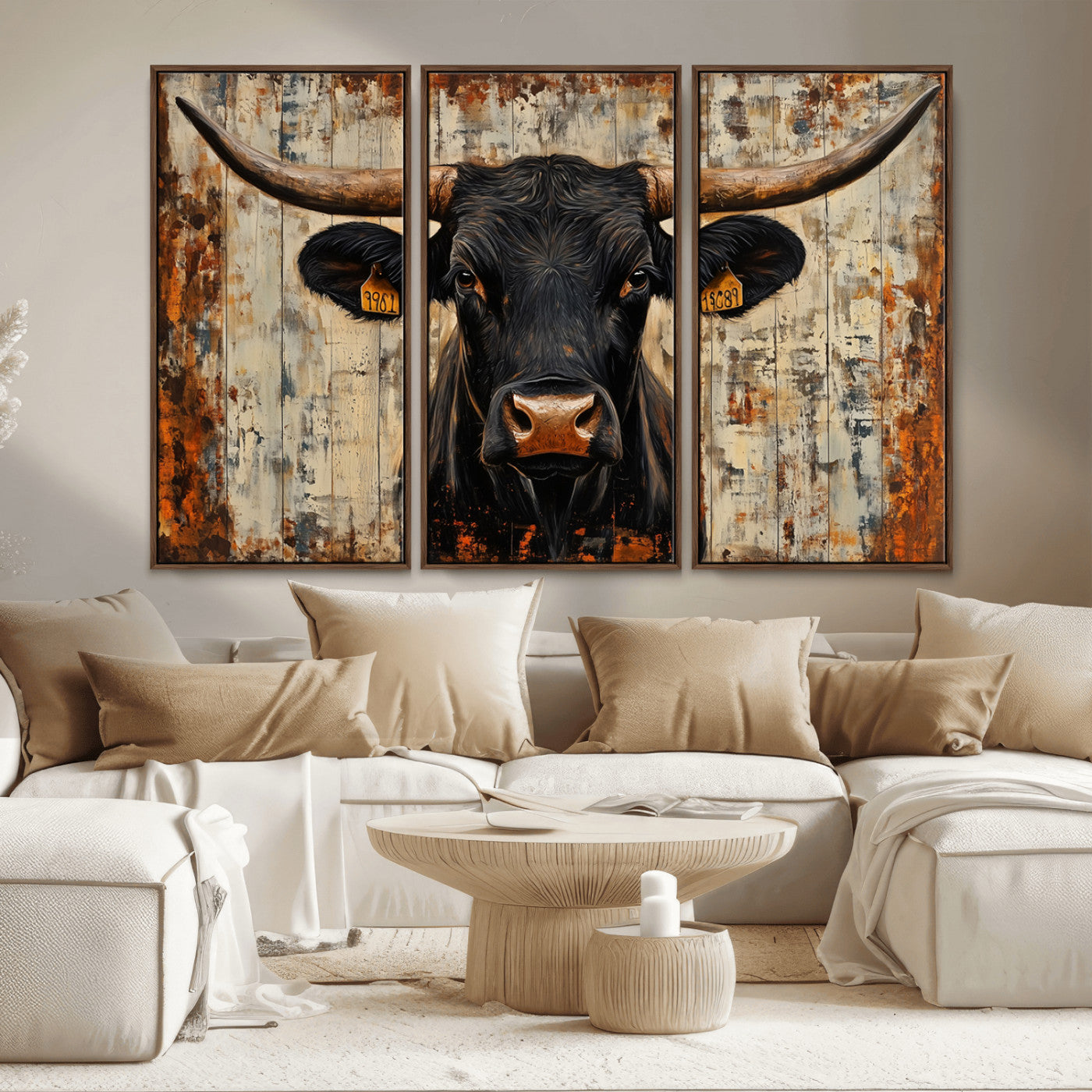 MGV-FC-48X32-3P - Rustic Texas Artwork Wall Art Canvas Print - Abstract Cow Longhorn Bull Wall Art Canvas Print