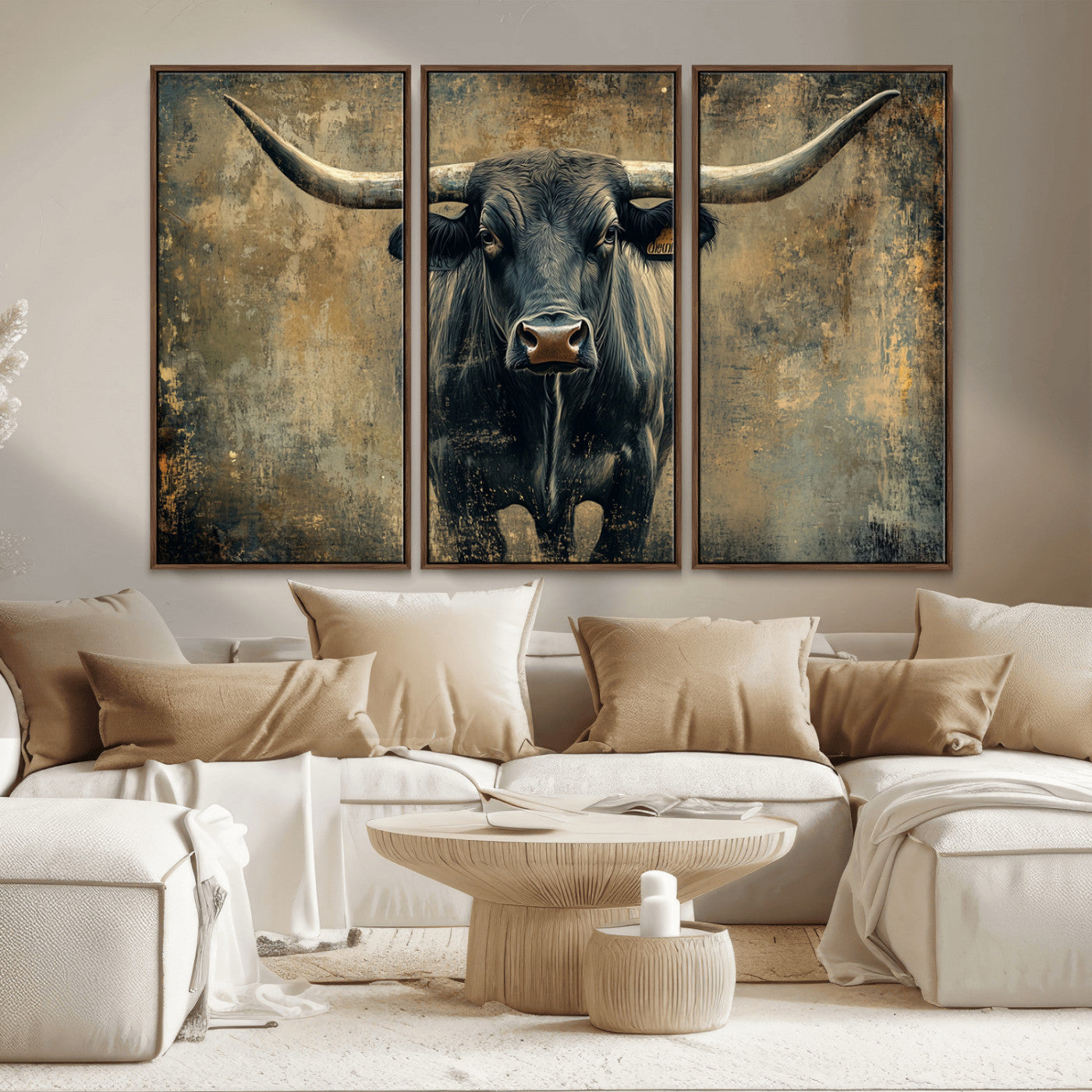 MGV-FC-48X32-3P - Longhorn Bull Wall Art Canvas Print, Framed Rustic Cow Art Picture Print, Texas Longhorn Perfect Western Decor Artwork