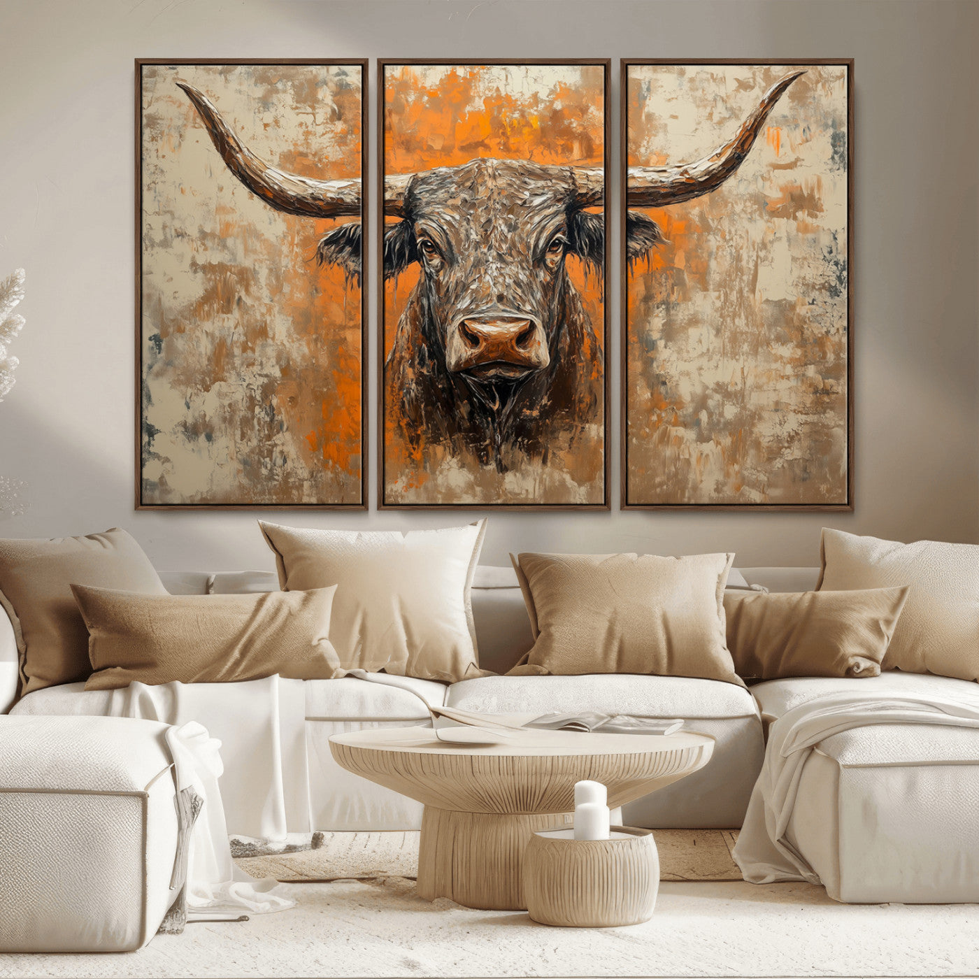 MGV-FC-48X32-3P - Abstract Cow Longhorn Bull Wall Art Canvas Print - Rustic Texas Western Cattle Artwork
