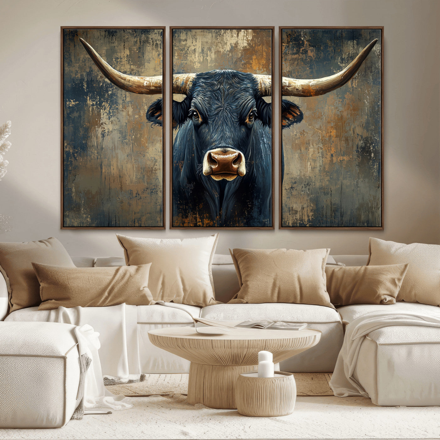 MGV-FC-48X32-3P - Texas Western Wall Art Canvas Print - Abstract Cow Longhorn Bull Wall Art Canvas Print - Rustic Cow