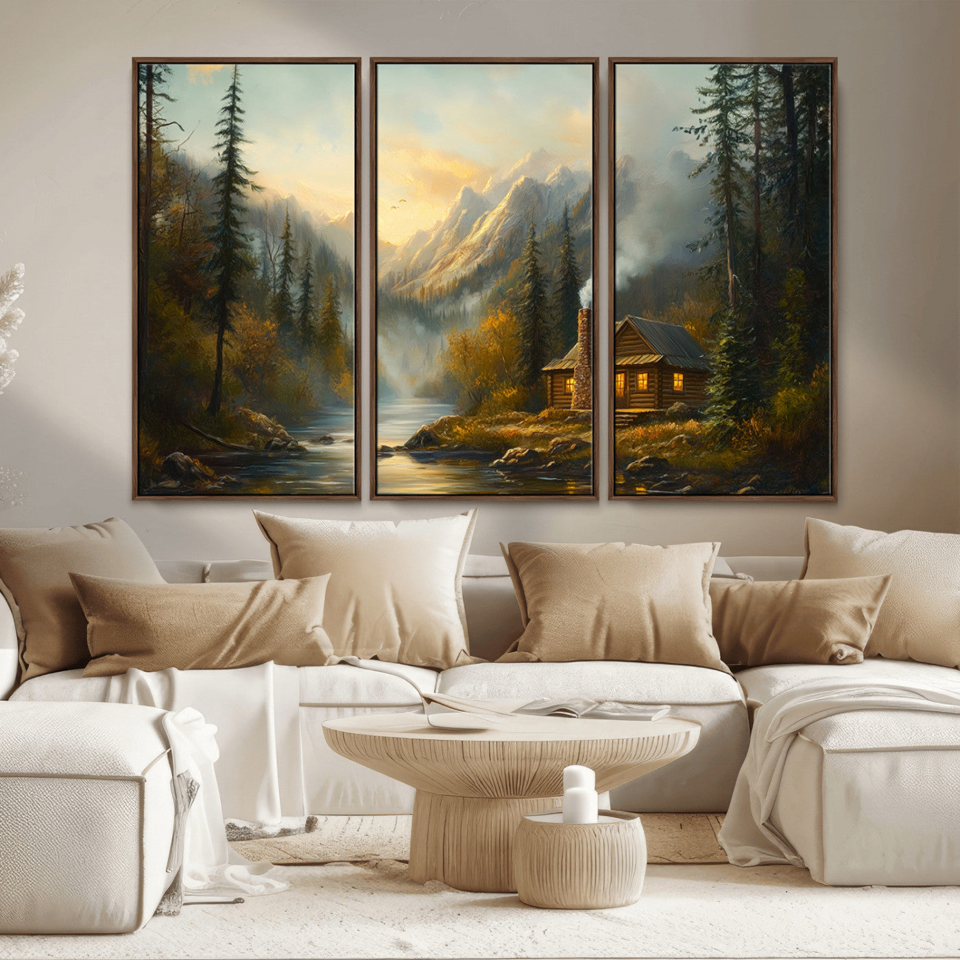 MGV-FC-48X32-3P - Wood Cabin Retreat Mountain at Sunset Wall Art Print - Serene Forest and River Landscape Wall Art