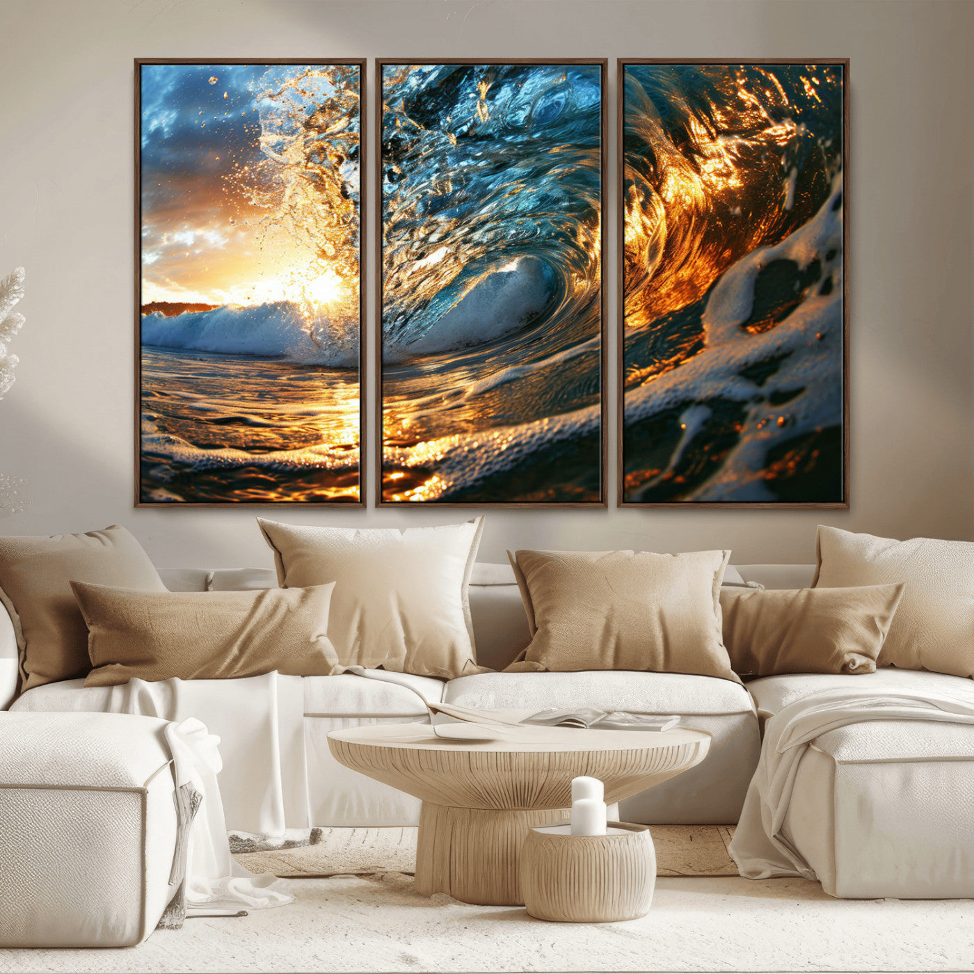 MGV-FC-48X32-3P - Ocean Wave at Sunset Canvas Wall Art – Vibrant Coastal Beach Waves Print, Large Nautical Decor,