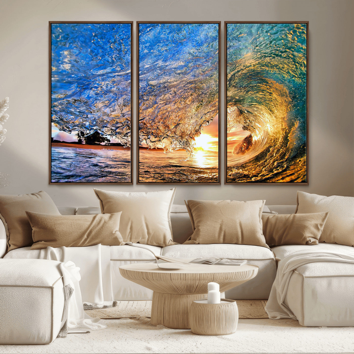 MGV-FC-48X32-3P - Ocean Wave at Sunset Canvas Wall Art – Vibrant Coastal Beach Waves Print, Large Nautical Decor,