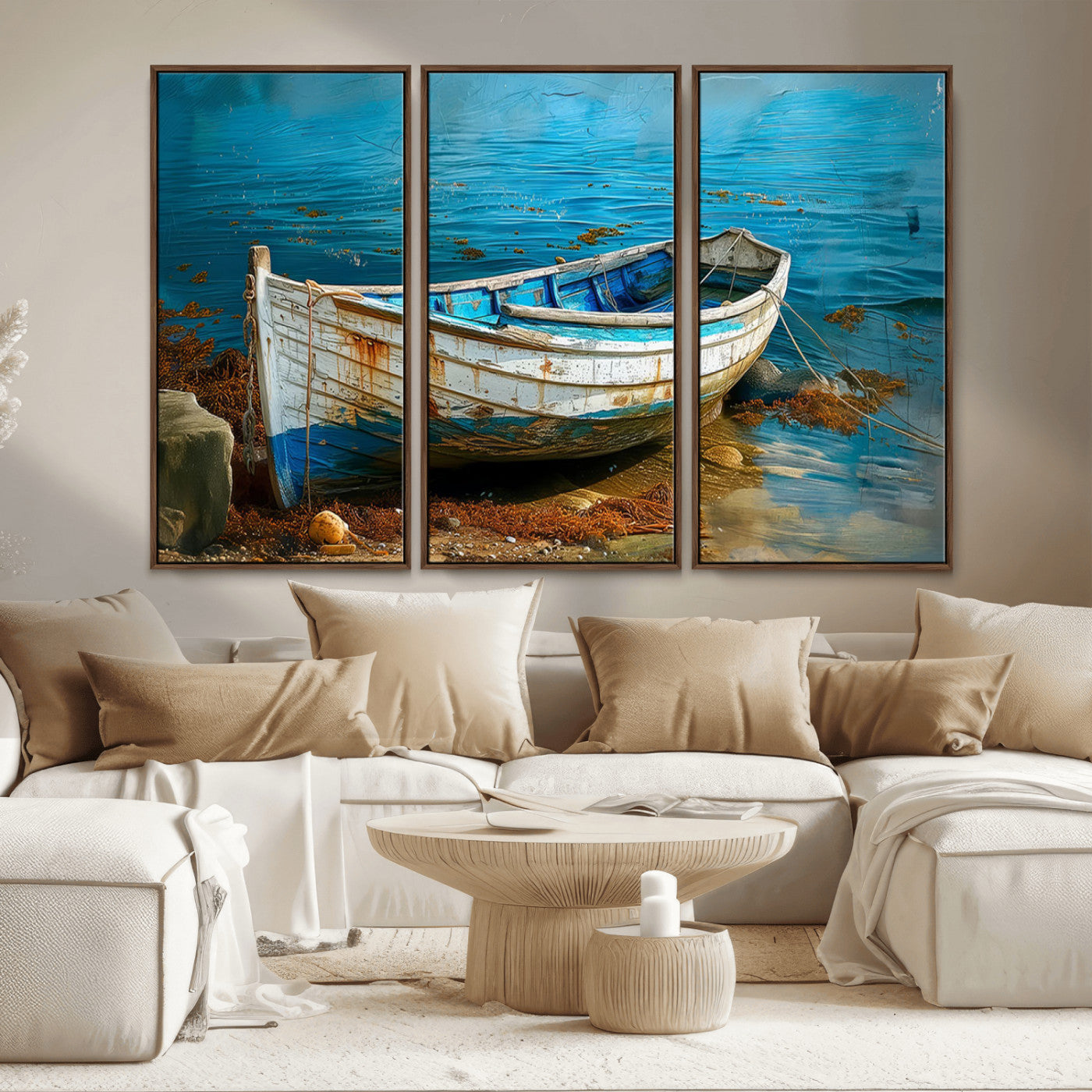MGV-FC-48X32-3P - Vintage Boat on Tranquil Waters | Coastal Wall Art for Nautical Decor | Rustic Triptych Canvas Print