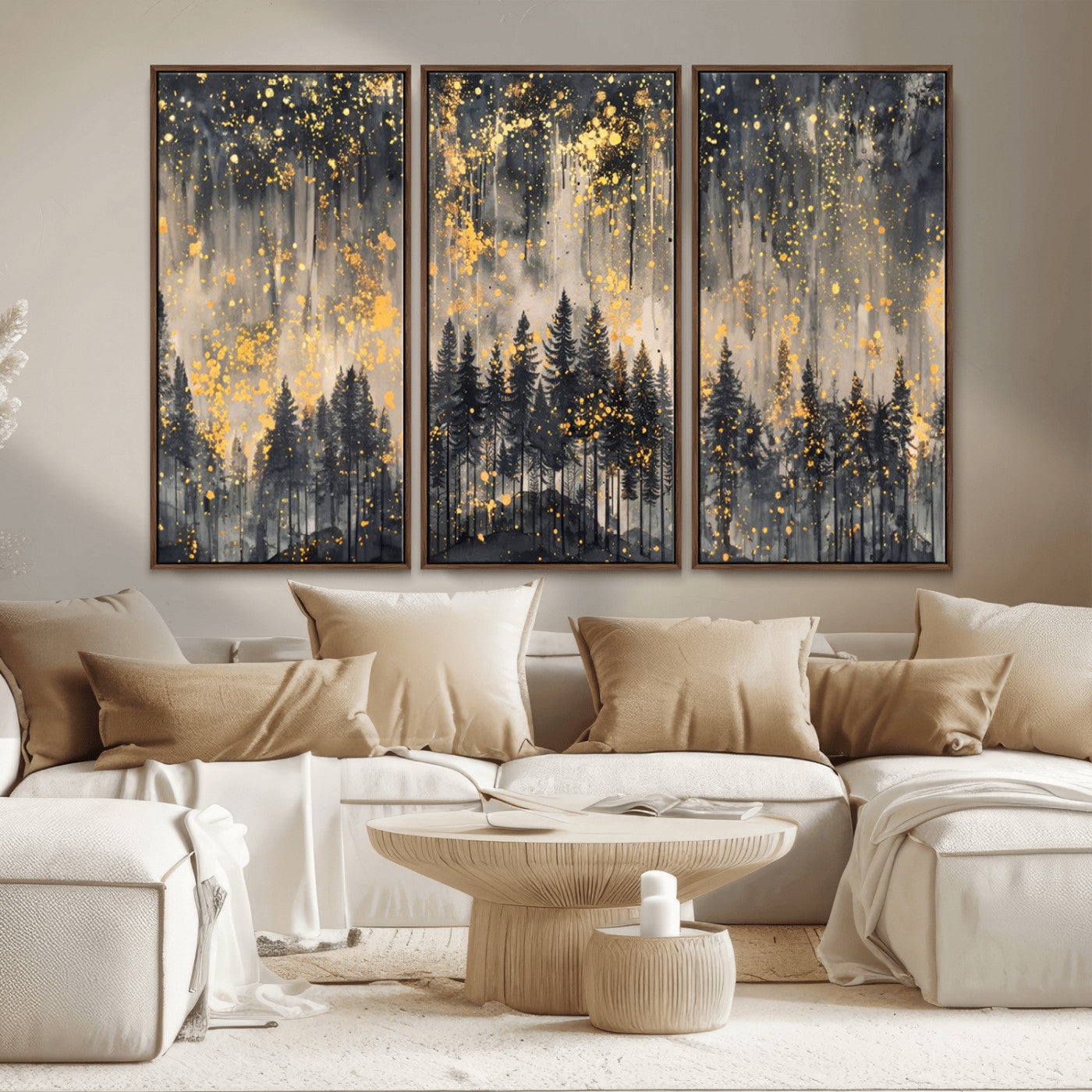 MGV-FC-48X32-3P - Golden Forest Abstract Wall Art | Dark Forest with Gold Splatter Accents | Triptych Ready to Hang