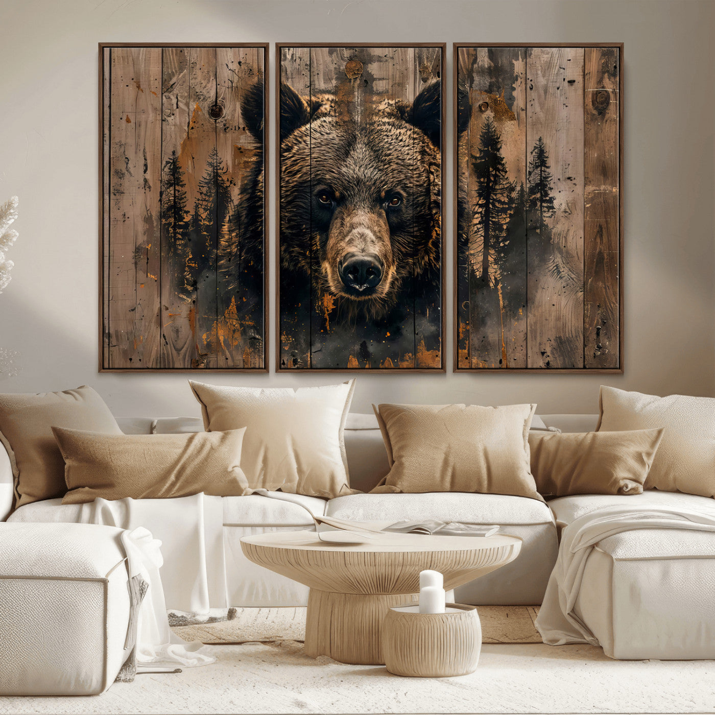 MGV-FC-48X32-3P - Rustic Grizzly 399 Wall Art | Triptych Canvas Print | Rustic Cabin Wall Decor | Perfect for