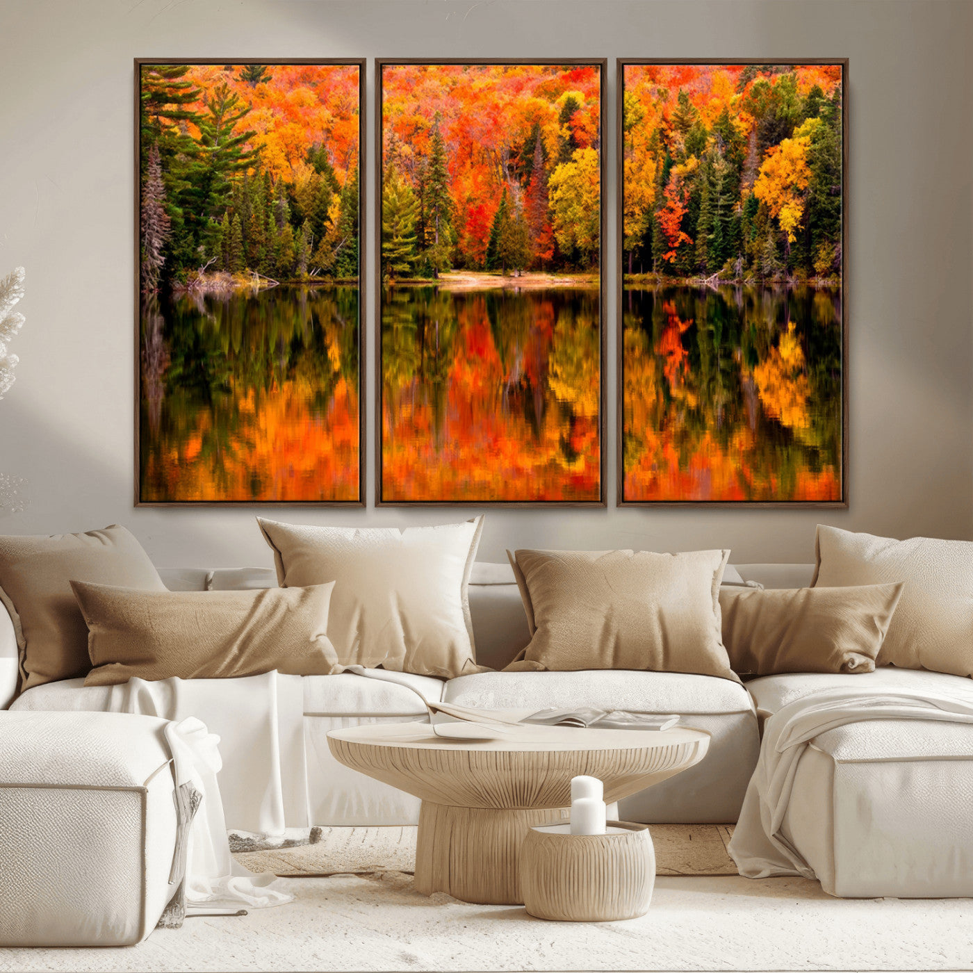 MGV-FC-48X32-3P - Forest Reflection Art | Autumn Forest Reflection Wall Art | Triptych Canvas Print | Vibrant Fall