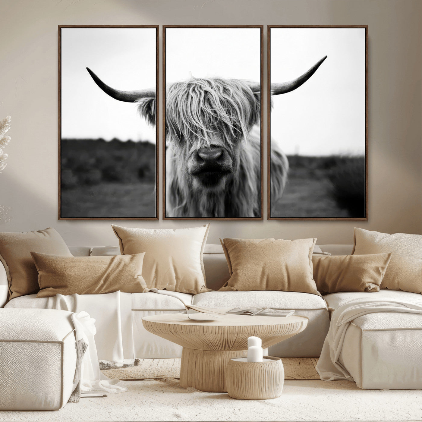 MGV-FC-48X32-3P - Highland Cow Wall Art | Black and White Farmhouse Decor | Triptych Canvas Print | Rustic Barn Decor