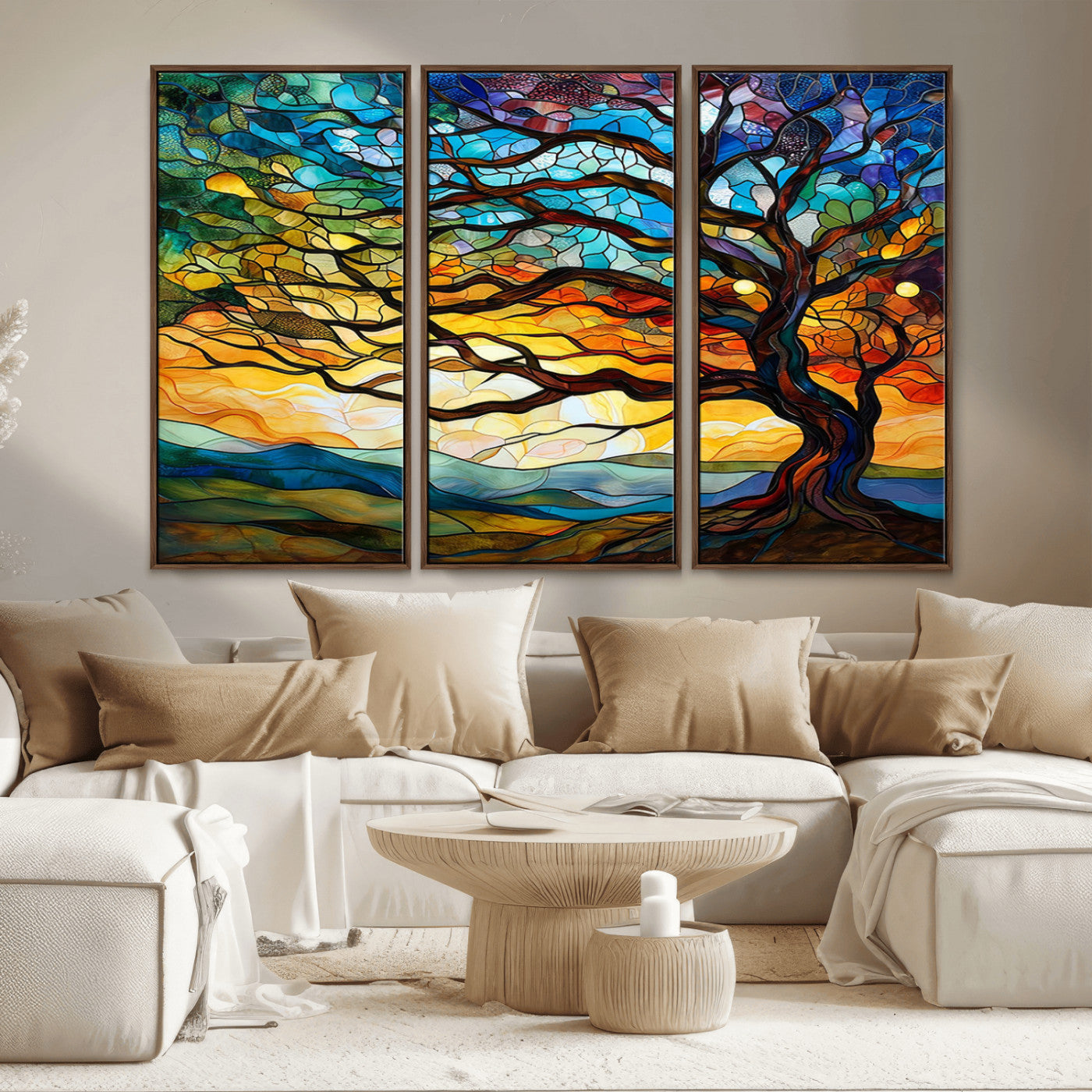 MGV-FC-48X32-3P - Vibrant Mosaic Tree of Life Wall Art | Stained Glass Style Canvas Print | Ready to Hang Artistic