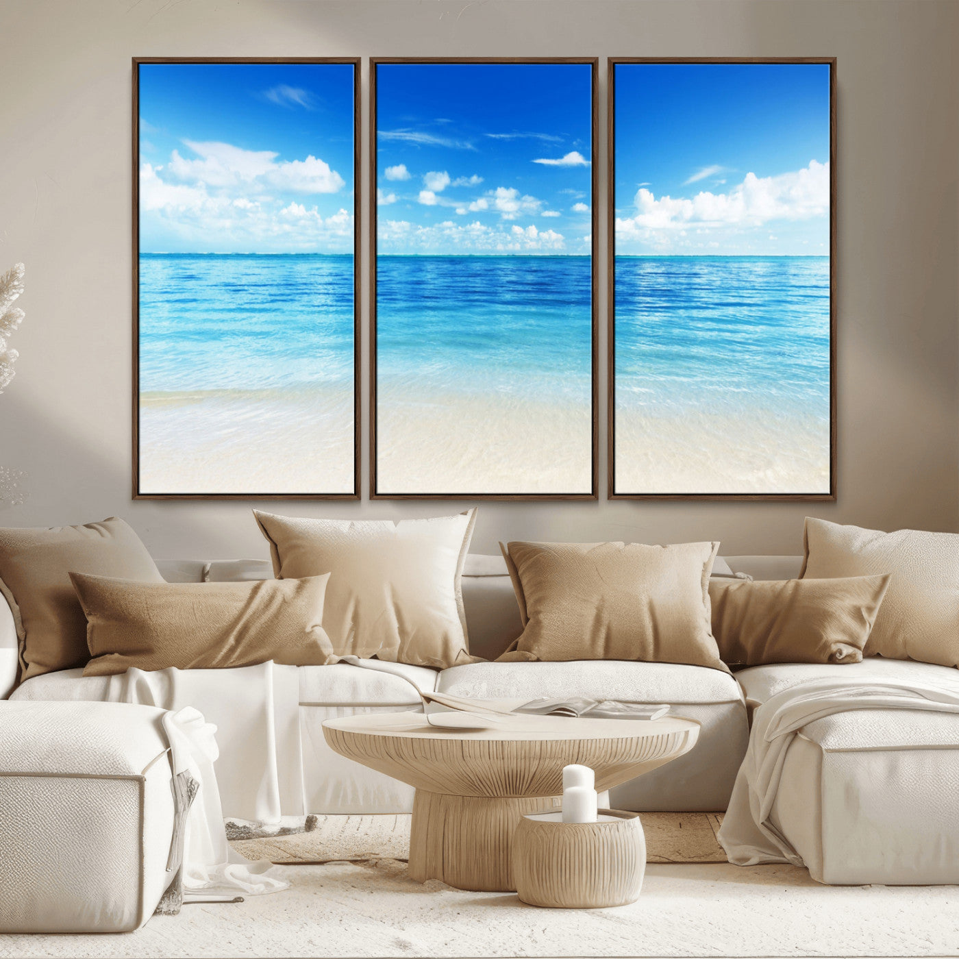 MGV-FC-48X32-3P - Beach Scene Canvas Wall Art Print – Tranquil Ocean Horizon and White Sand Beach Wall Decor for Home