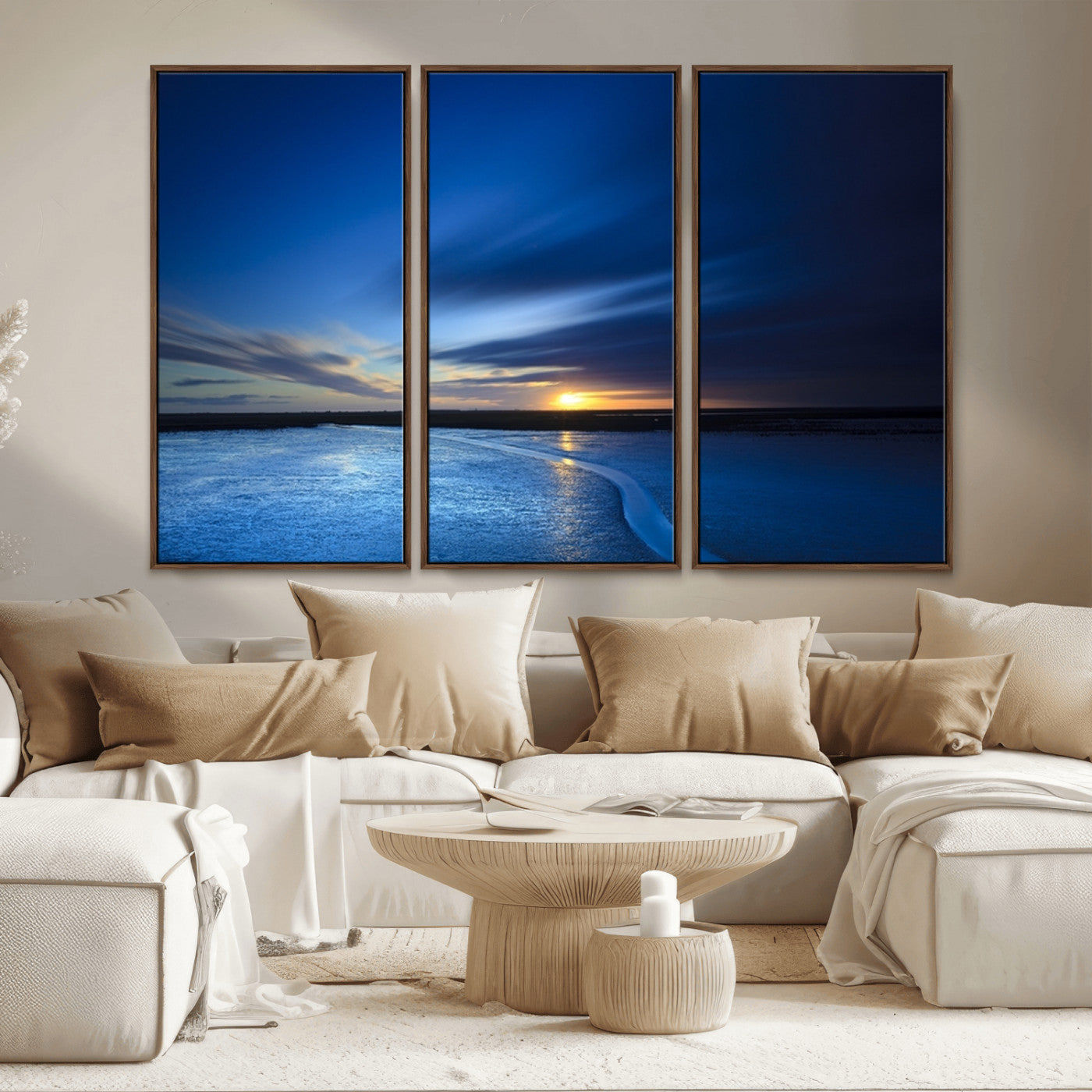 MGV-FC-48X32-3P - Blue Sunset Ocean Canvas Wall Art Print – Serene Coastal Horizon Wall Decor for Home or Office –