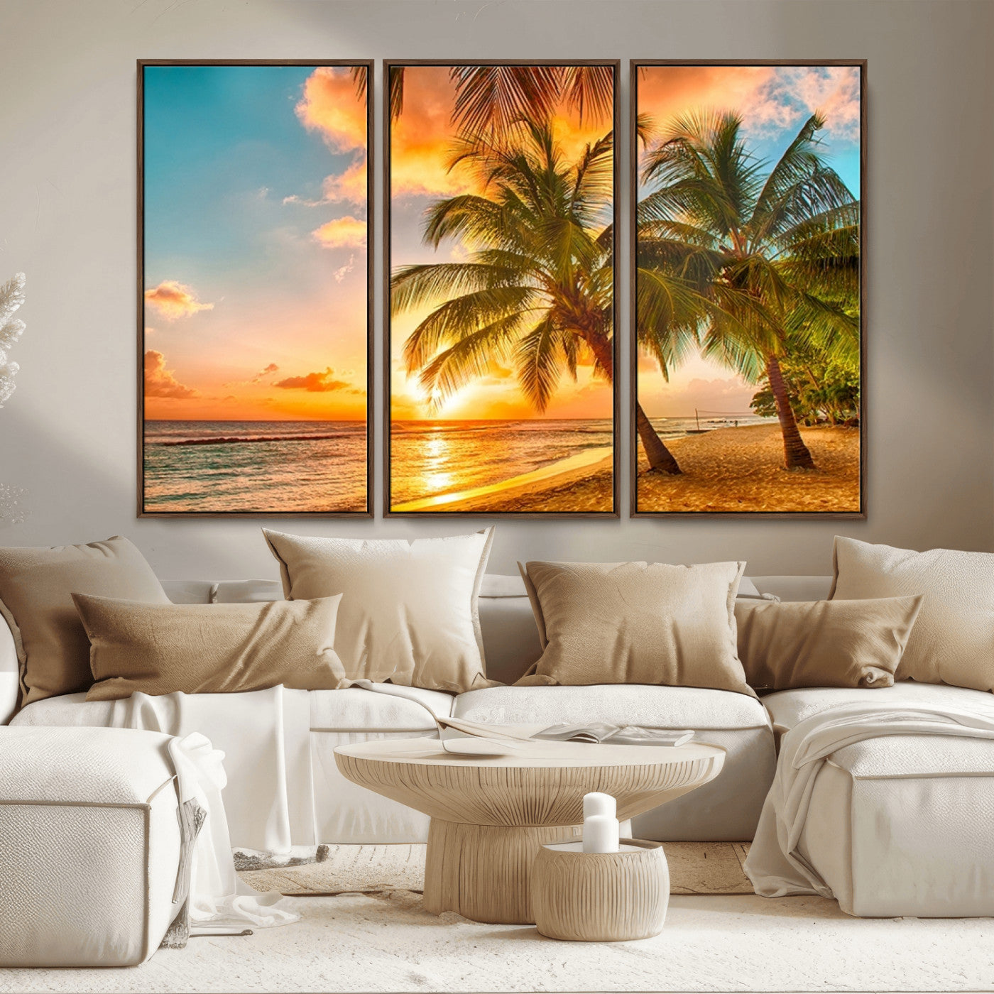 MGV-FC-48X32-3P - Tropical Sunset Beach Canvas Wall Art Print – Vibrant Palm Trees and Coastal Sunset Wall Decor for
