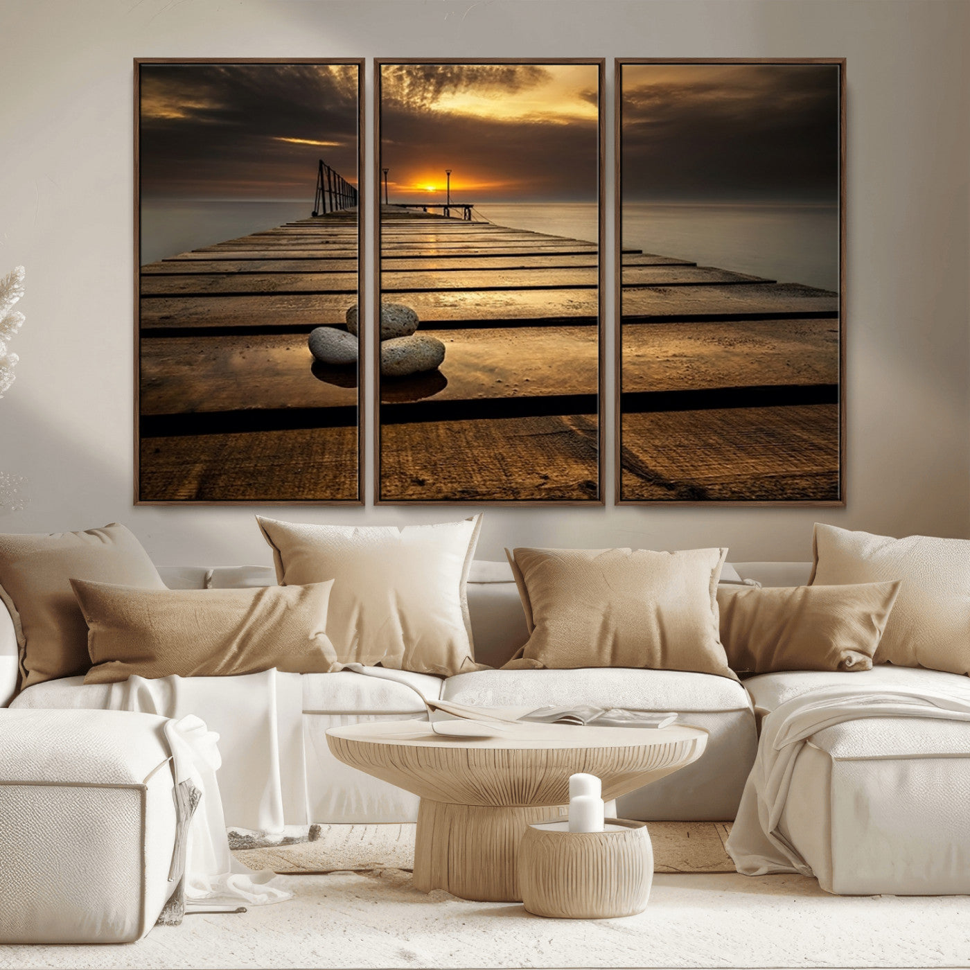 MGV-FC-48X32-3P - Stones on Wooden Pier at Sunset Canvas Print, Serene Coastal Wall Art, Beach Sunset Photography,