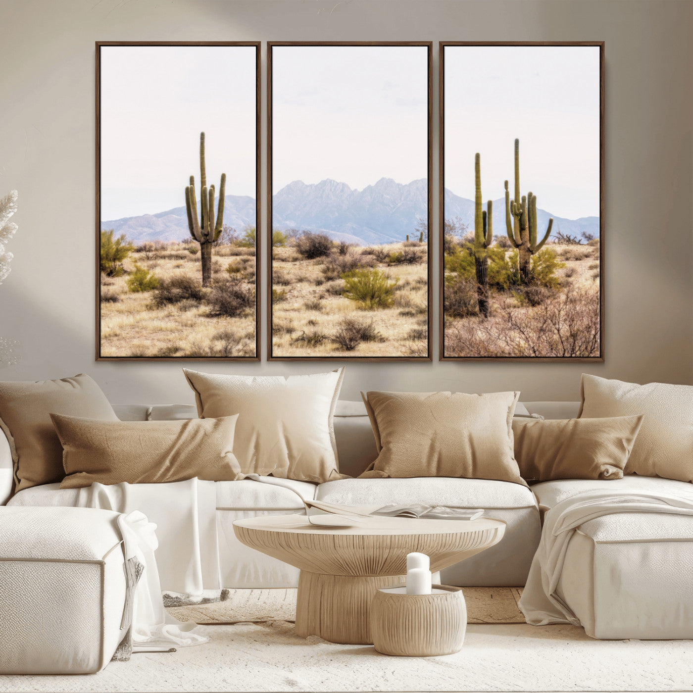 -Desert Cactus Canvas Wall Art – Serene Southwestern Arizona Landscape with Majestic Mountains -
