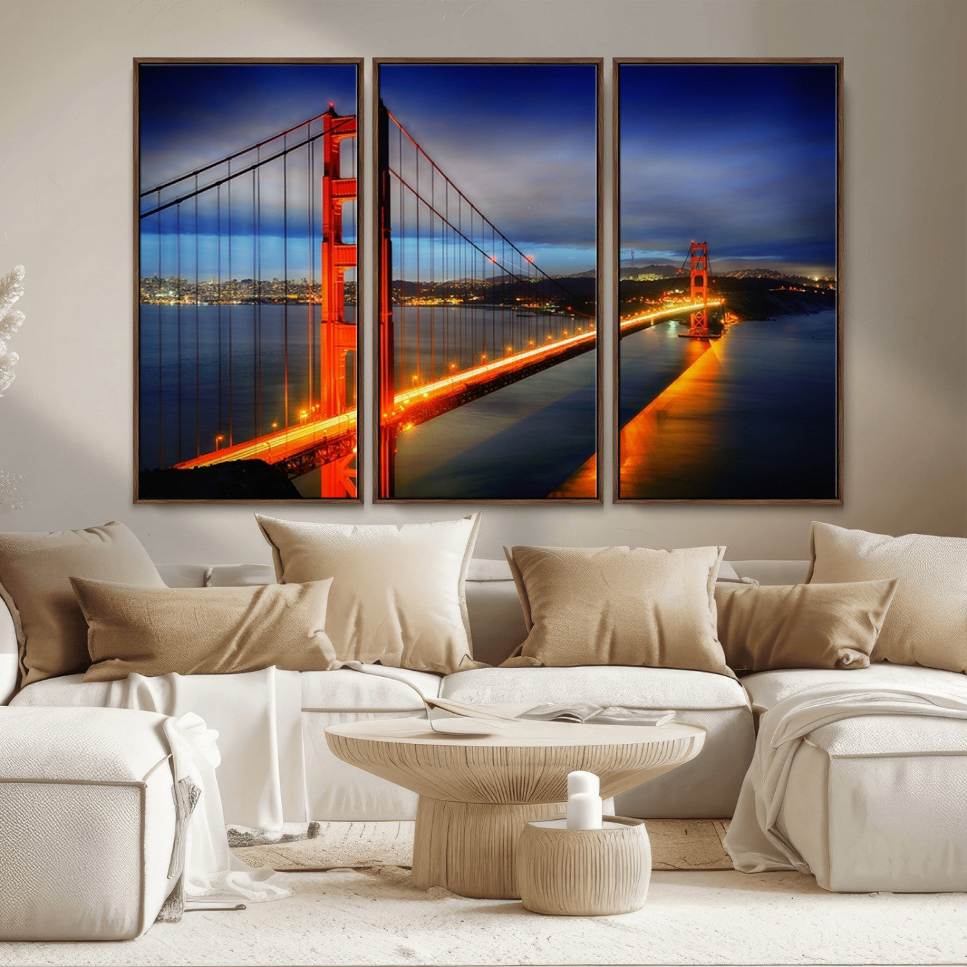 MGV-FC-48X32-3P - Large Wall Art San Francisco Canvas Print - Wonderful Golden Gate Bridge at Twilight