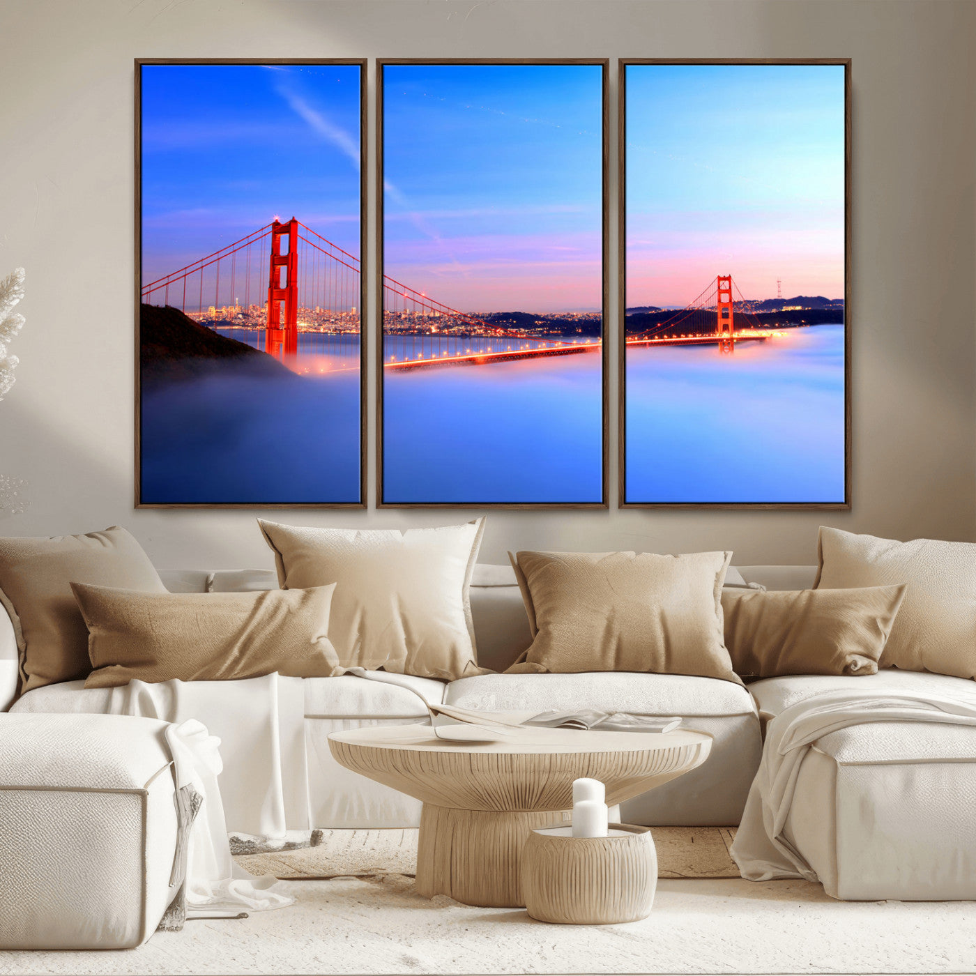 MGV-FC-48X32-3P - Golden Gate Bridge Wall Art Print, San Francisco Sunset Canvas Wall Art, Cityscape Canvas Print for