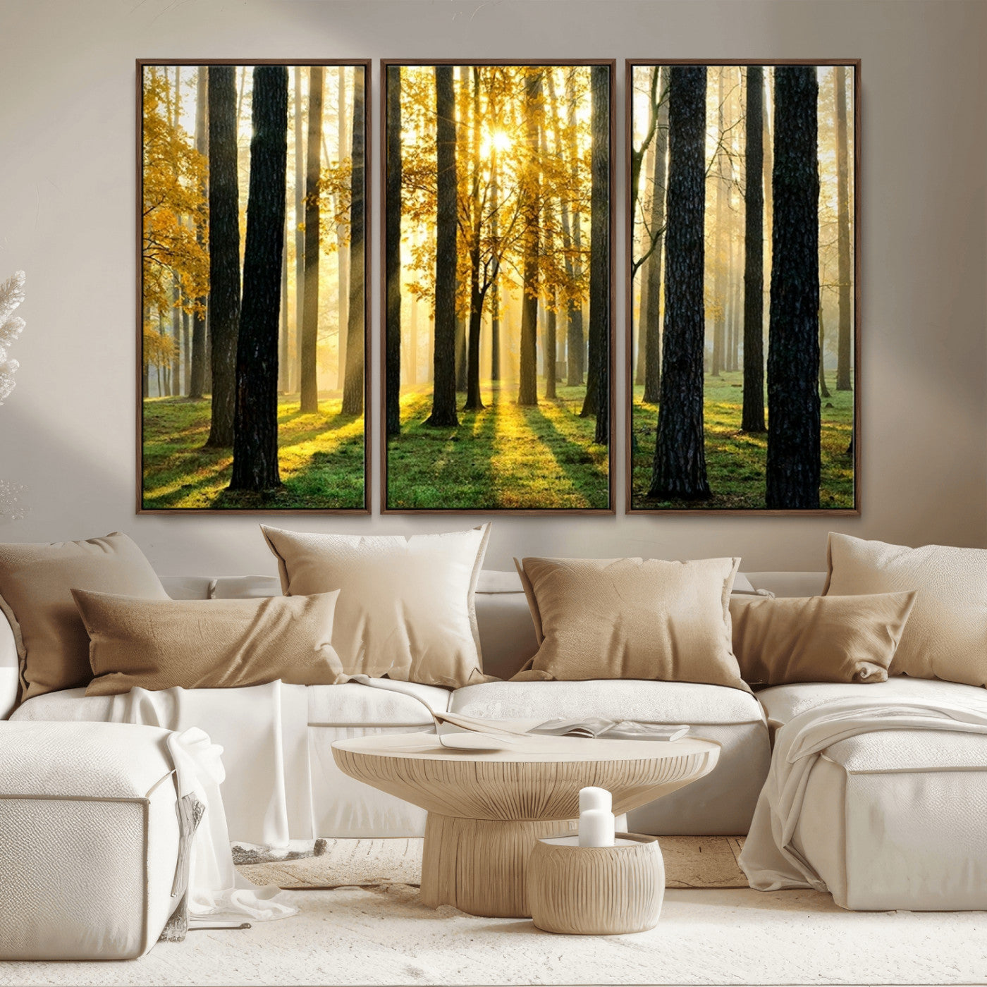MGV-FC-48X32-3P - Sunlit Forest Canvas Wall Art – Serene Woodland Triptych Landscape Print – Nature-Inspired Decor for
