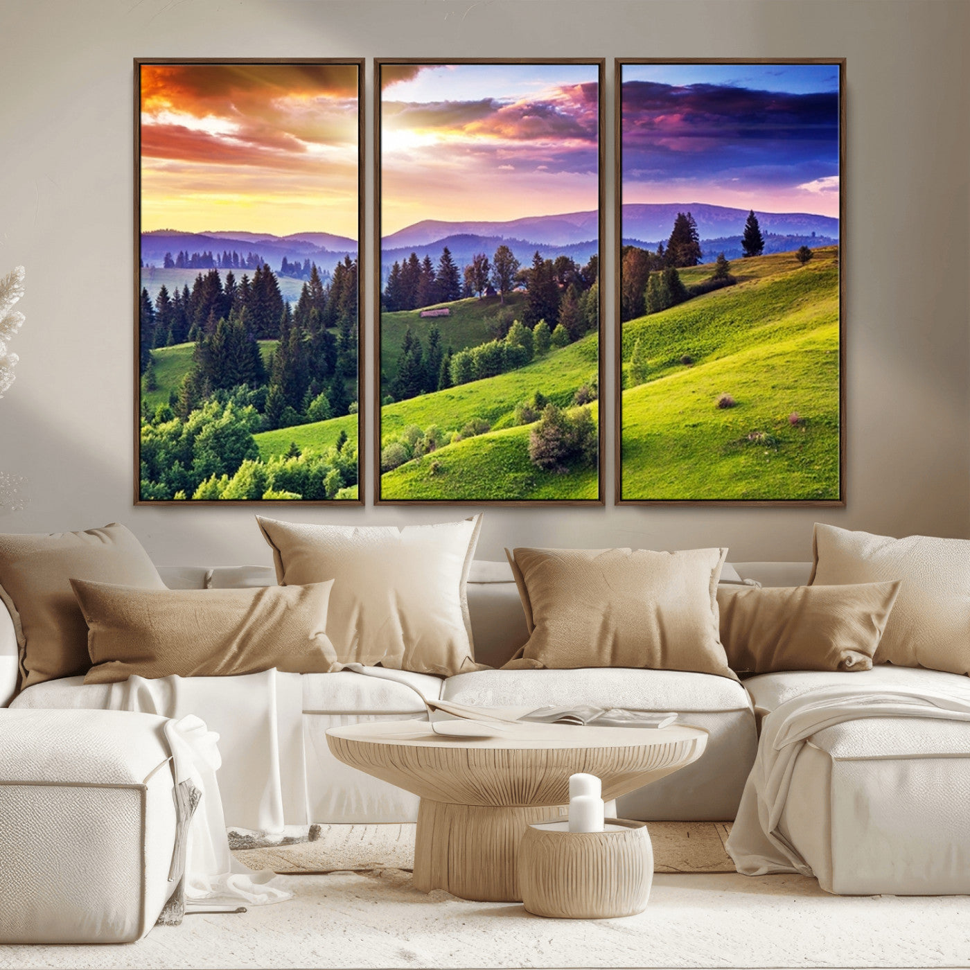 MGV-FC-48X32-3P - Green Hills and Sunset Wall Art Print - Scenic Landscape with Lush Greenery and Vibrant Sky, Ready