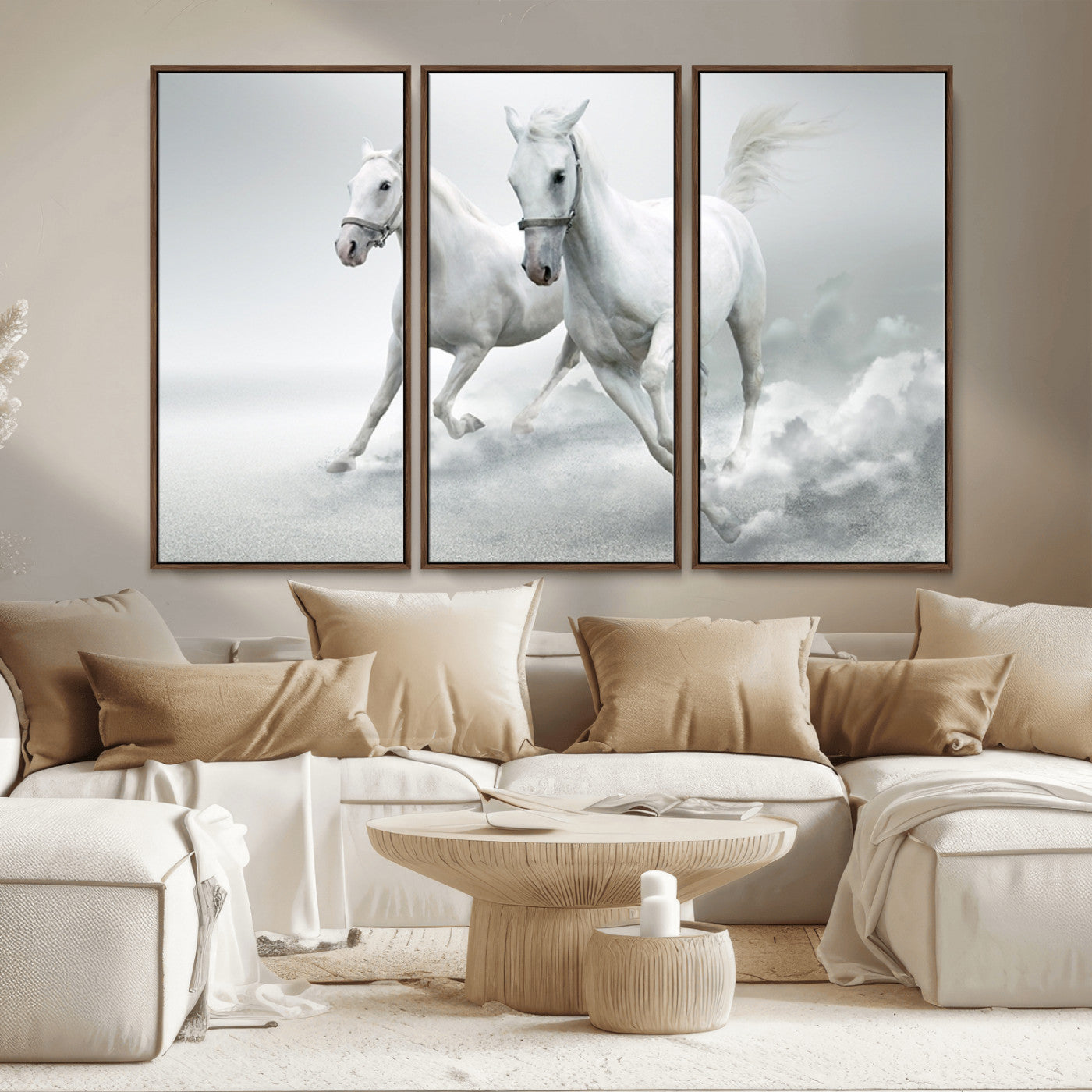 MGV-FC-48X32-3P - Large Wall Art Animal Canvas Print - Beautiful Running White Horses