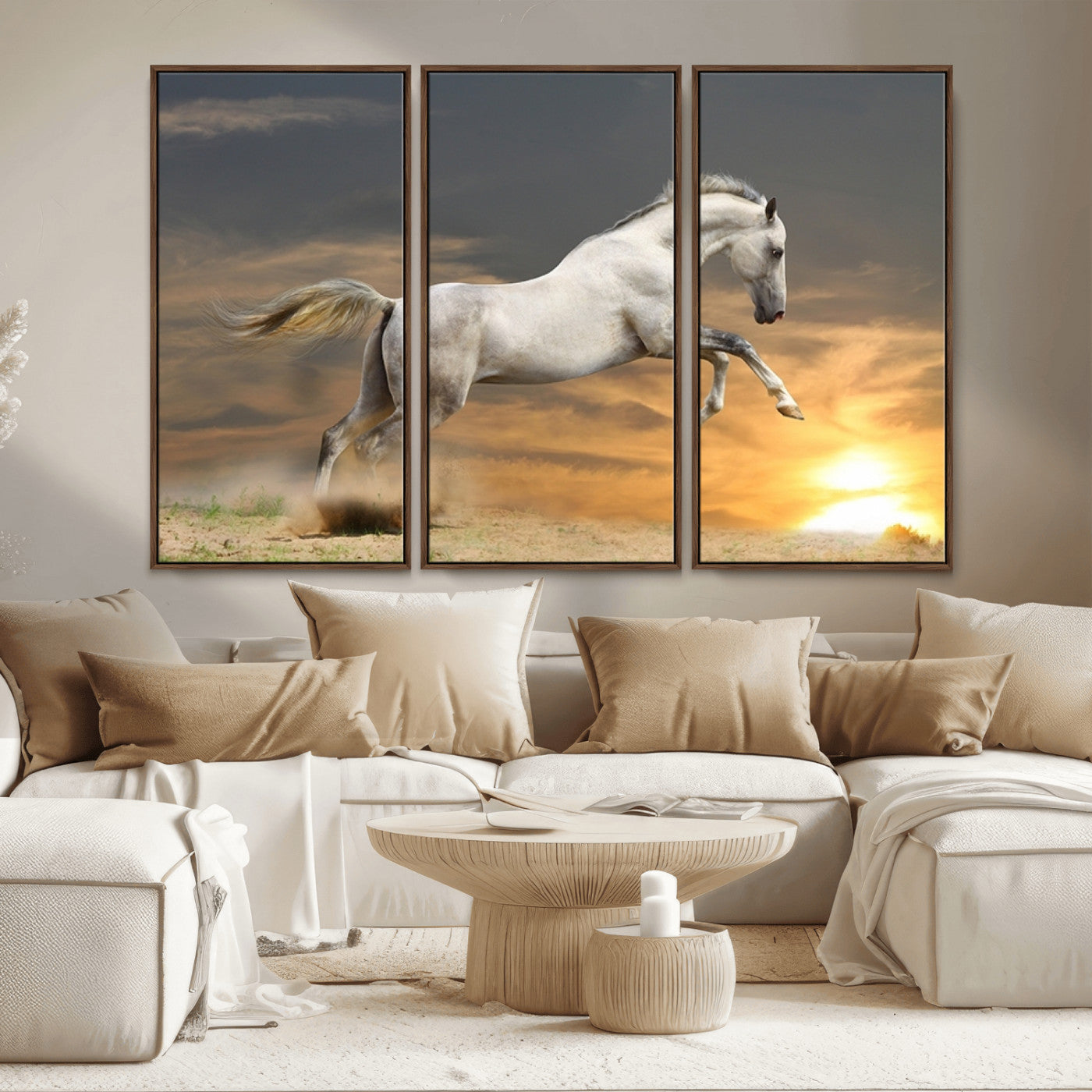 MGV-FC-48X32-3P - Large Wall Art Animal Canvas Print - White Jumping Horse at Sunset
