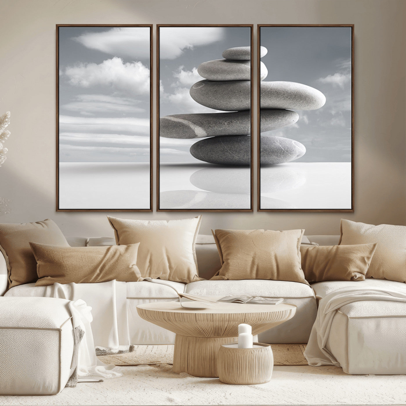 MGV-FC-48X32-3P - Still Life Black and White Zen Stones Wall Art Canvas, Framed Black and White Zen Stones Canvas