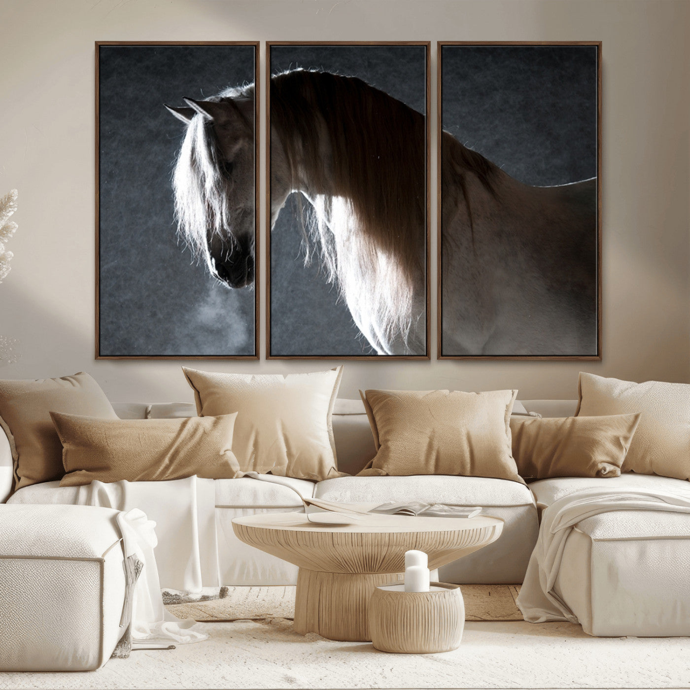MGV-FC-48X32-3P - Large Wall Art Cream Colored Horse on Grey Background Canvas Print