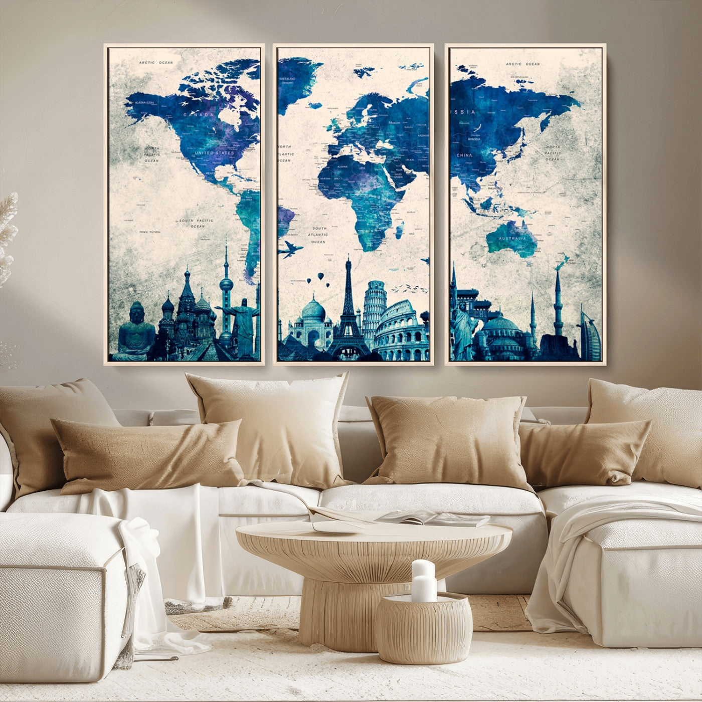 MGV-FC-48X32-3P - Navy Blue World Map Canvas Print, Wonder of World Map Push Pin Canvas Print