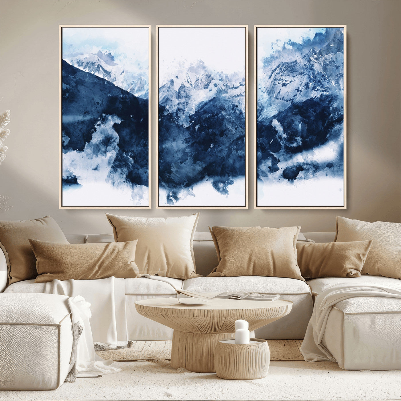 81700-MGV-CV-36X24-Abstract Blue Mountain Canvas Wall Art – Modern Triptych Landscape Print – Contemporary Nature Decor for Living Room or Office – Ready to