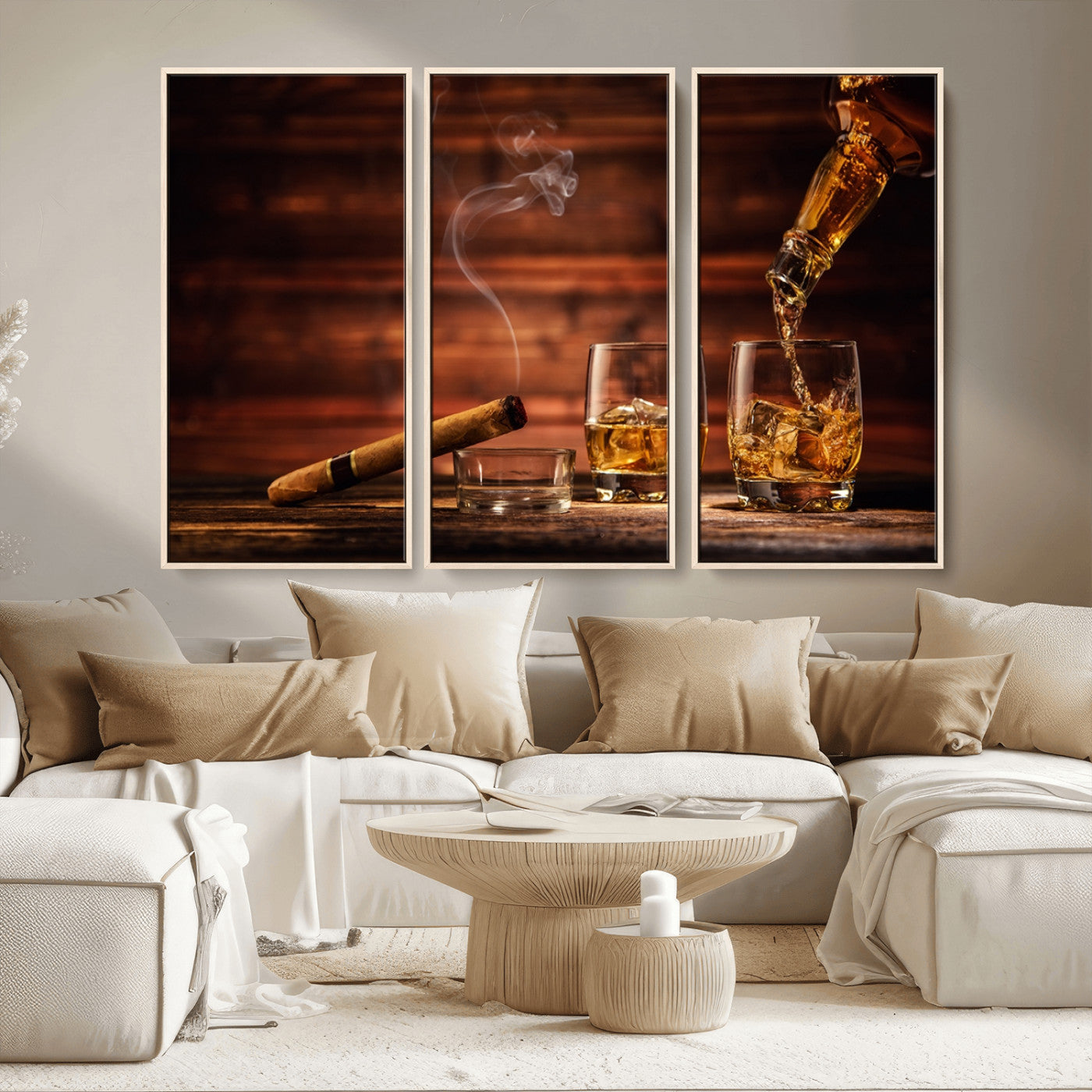 MGV-FC-48X32-3P - Whiskey and Cigar Wall Art Canvas | 3 Panel Bar Room Decor for Home Lounge, Office, or Man Cave |