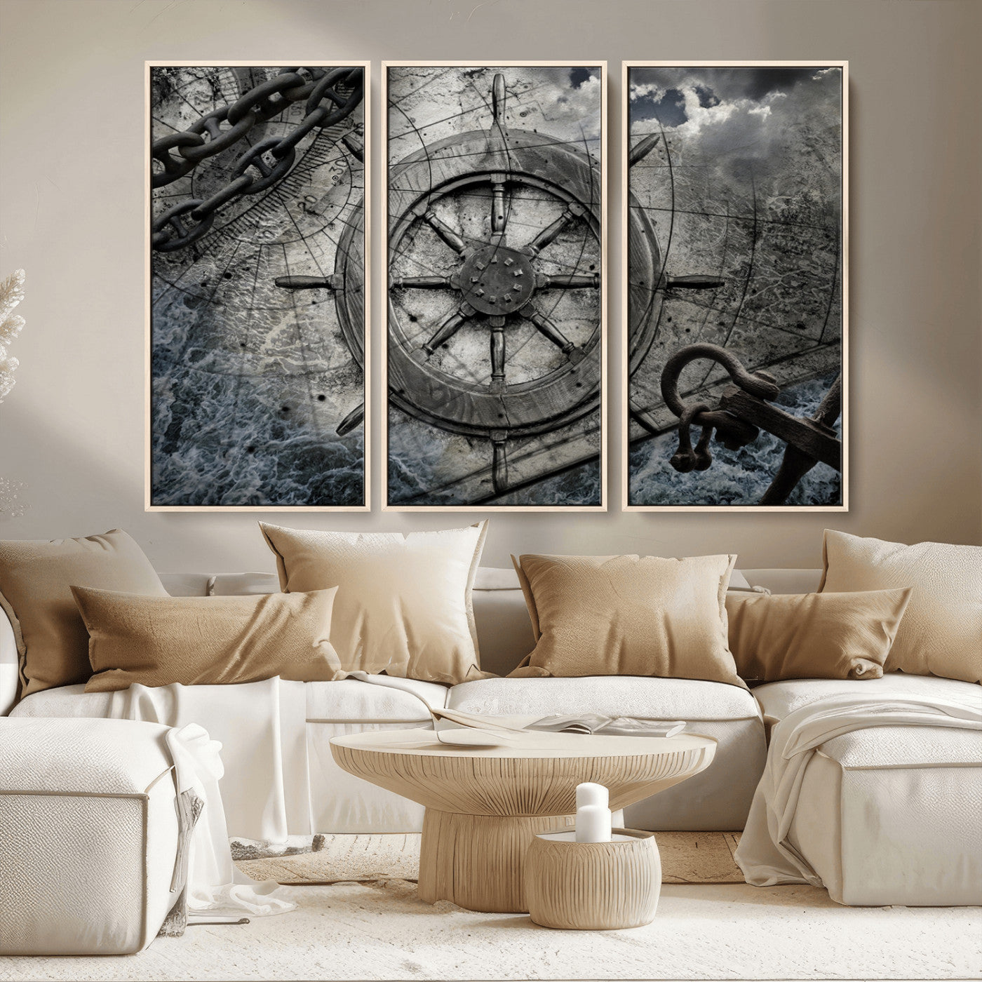 MGV-FC-48X32-3P - Ship Steering Wheel Vintage Wall Art Canvas Print