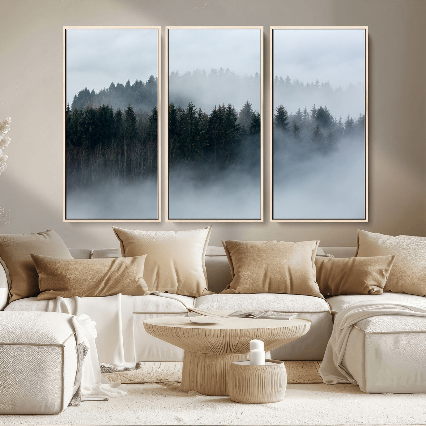 MGV-FC-48X32-3P - Autumn and Misty Trees in the Forest Wall Art Canvas Print, Foggy Forest Mountain Wall Art Canvas
