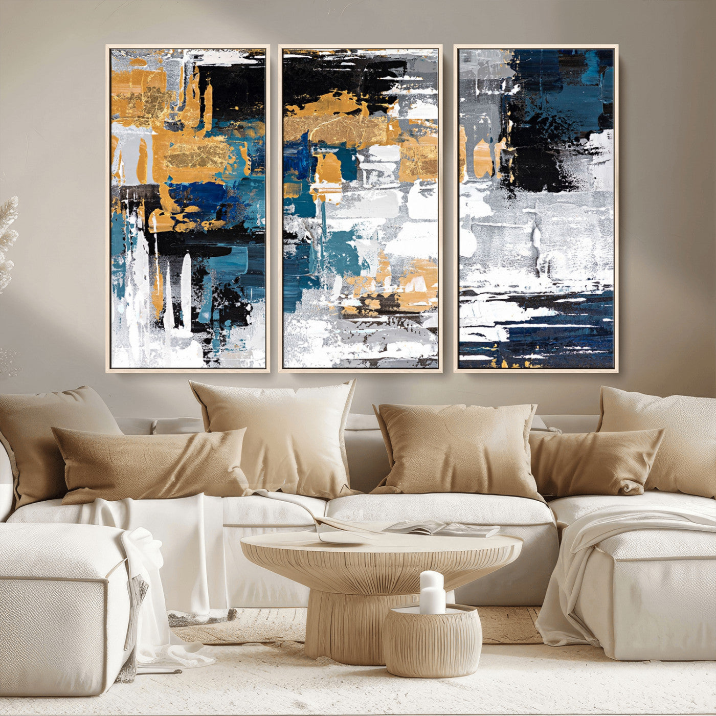 57708-MGV-CV-36X24-Blue and Gold Abstract Canvas Wall Art – Triptych Modern Painting for Living Room – Framed and Ready to Hang
