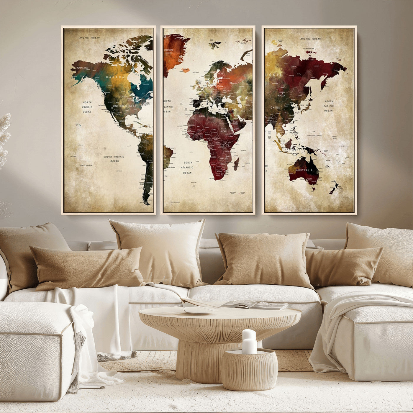 MGV-FC-48X32-3P - Large World Map Wall Art Canvas Print, Framed Push Pin Map Art Picture Print, Abstract Traveller Map Perfect Modern Decor Artwork