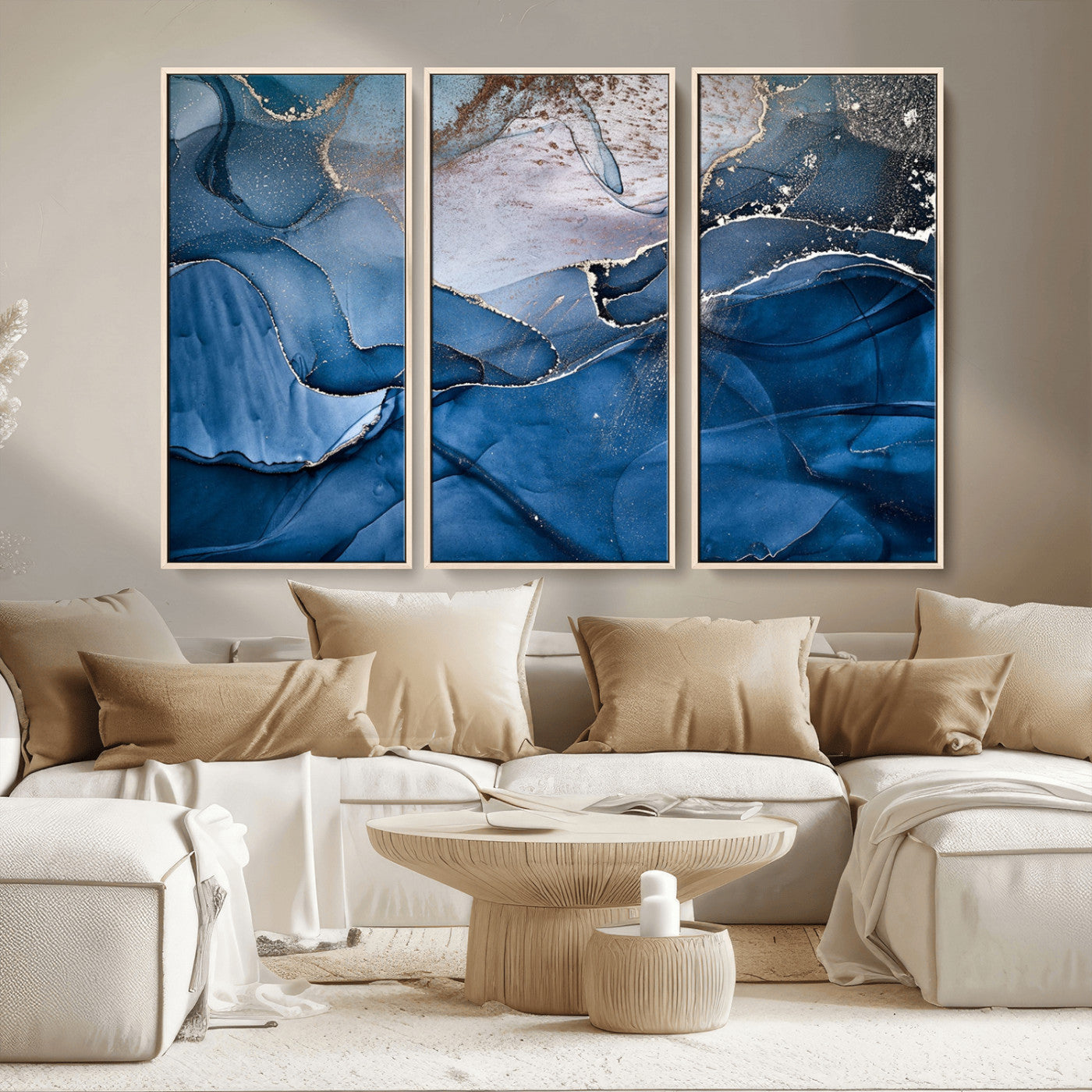 -Navy Blue Canvas Art Abstract Print – Elegant Triptych Modern Art Print – Contemporary Decor for Living Room or Office