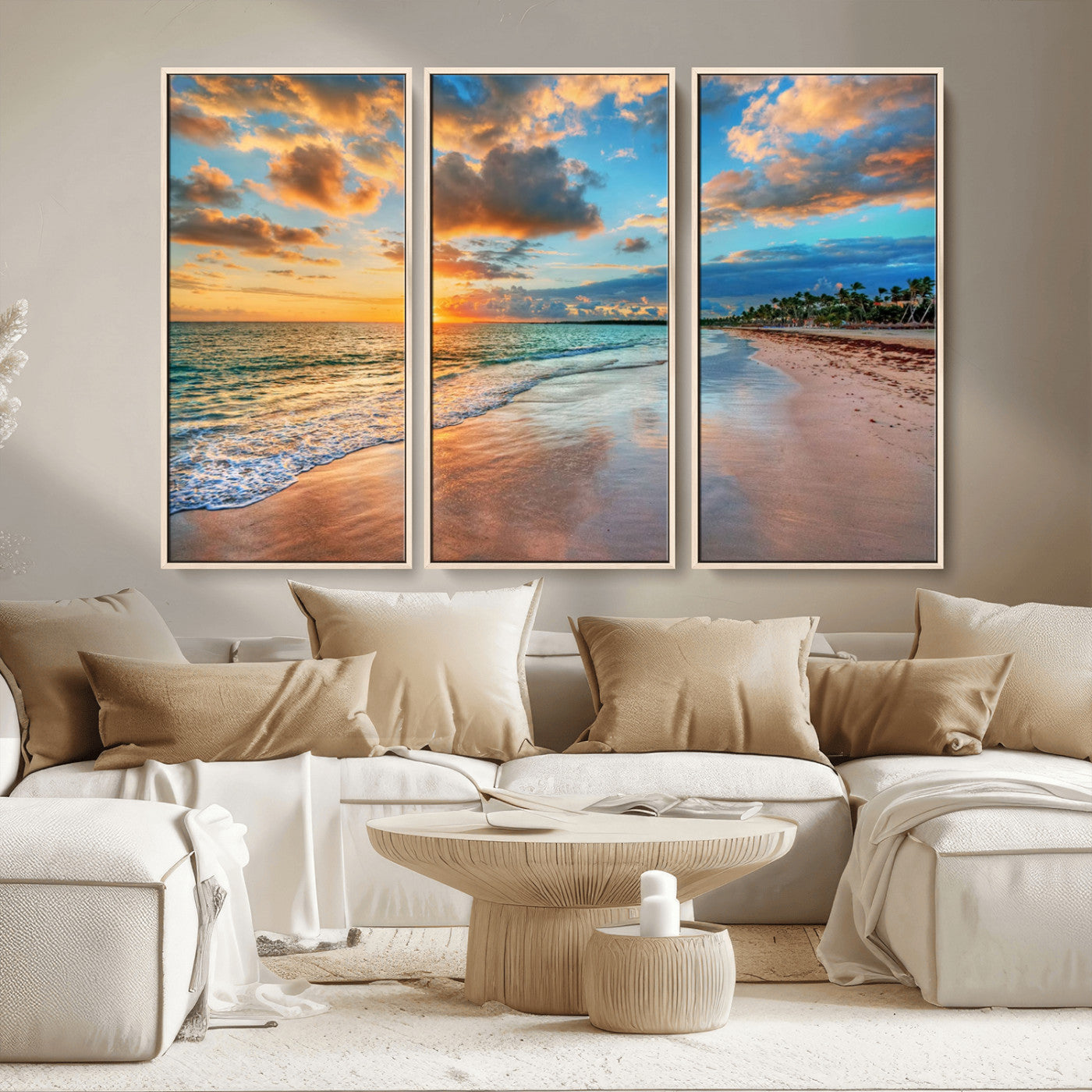MGV-FC-48X32-3P - Sunset Ocean Waves on Tropical Beach, 3-Panel Giclee Canvas Art for Coastal Home Decor, Vibrant Palm-Lined Shore