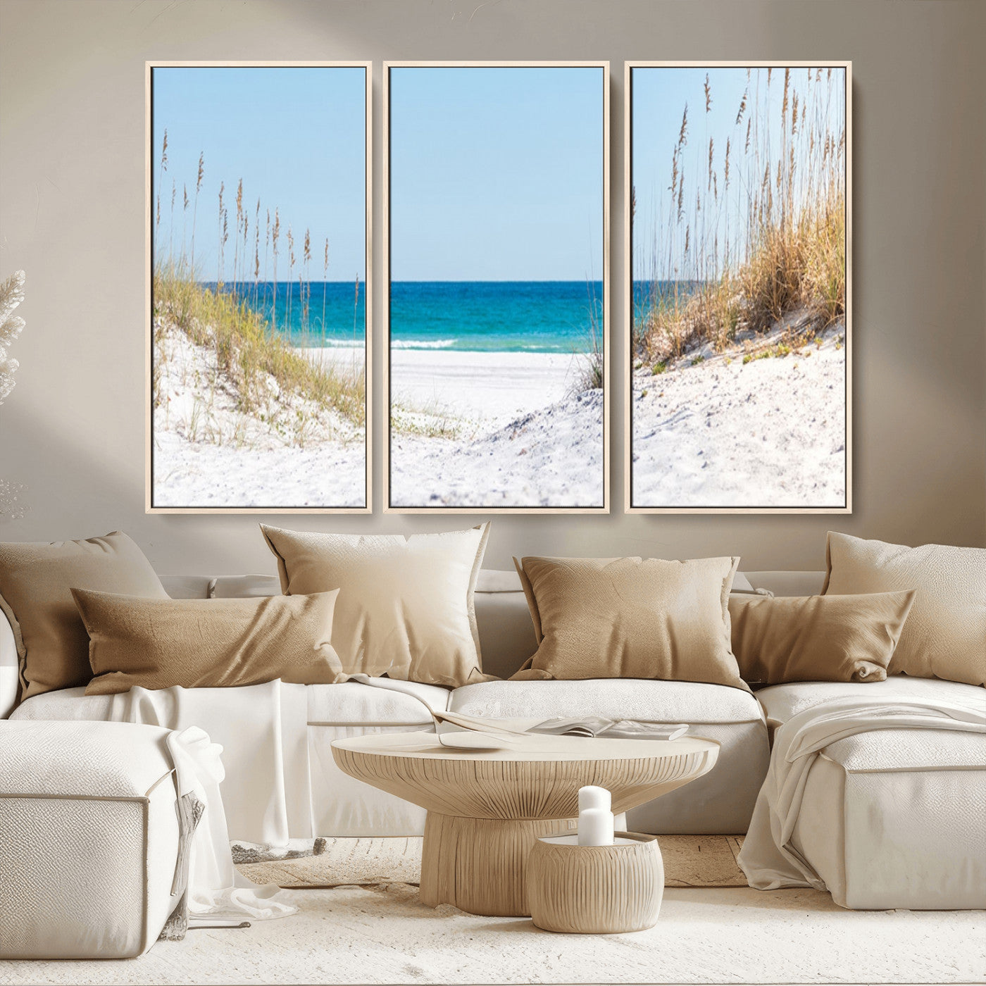 MGV-FC-48X32-3P - Serene Coastal Dune Path with Ocean View, 3-Panel Beach Canvas Wall Art, Tranquil Seascape Giclee Print, Gallery Wrap, Perfect for Coastal Home Decor