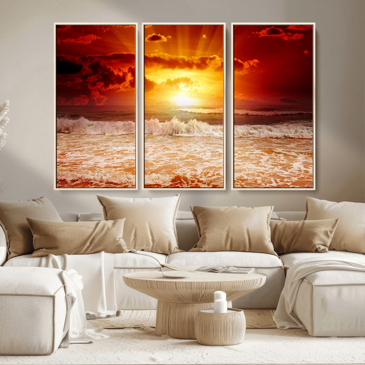 MGV-FC-48X32-3P - Red Sunset Ocean Beach Canvas Wall Art Beach Canvas, Coastal Sunset Print