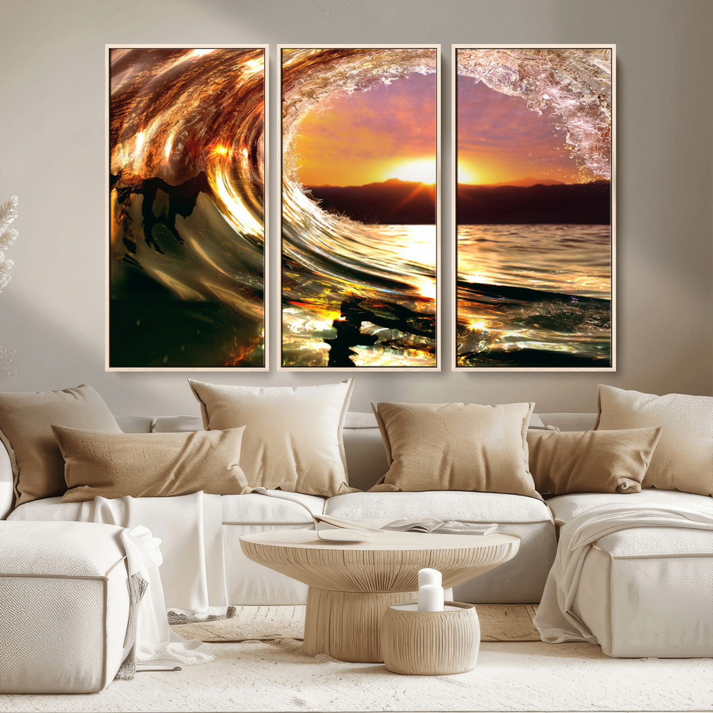 MGV-FC-48X32-3P - Golden Wave Sunset Triptych Canvas Art, Giclee Canvas Print of Ocean Wave and Sunset, Framed Ocean