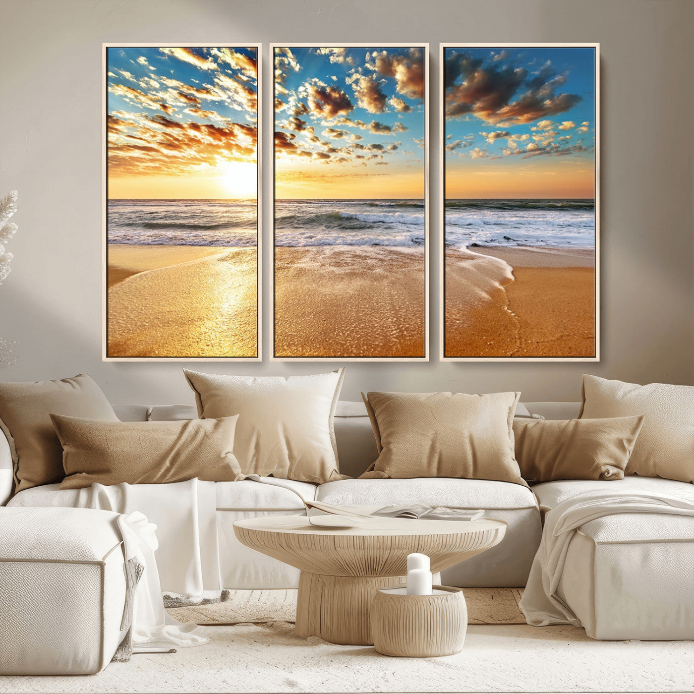 MGV-FC-48X32-3P - Golden Sunset Beach Print Canvas Wall Art, Giclee Canvas Print with Canon Print Quality, Triptych