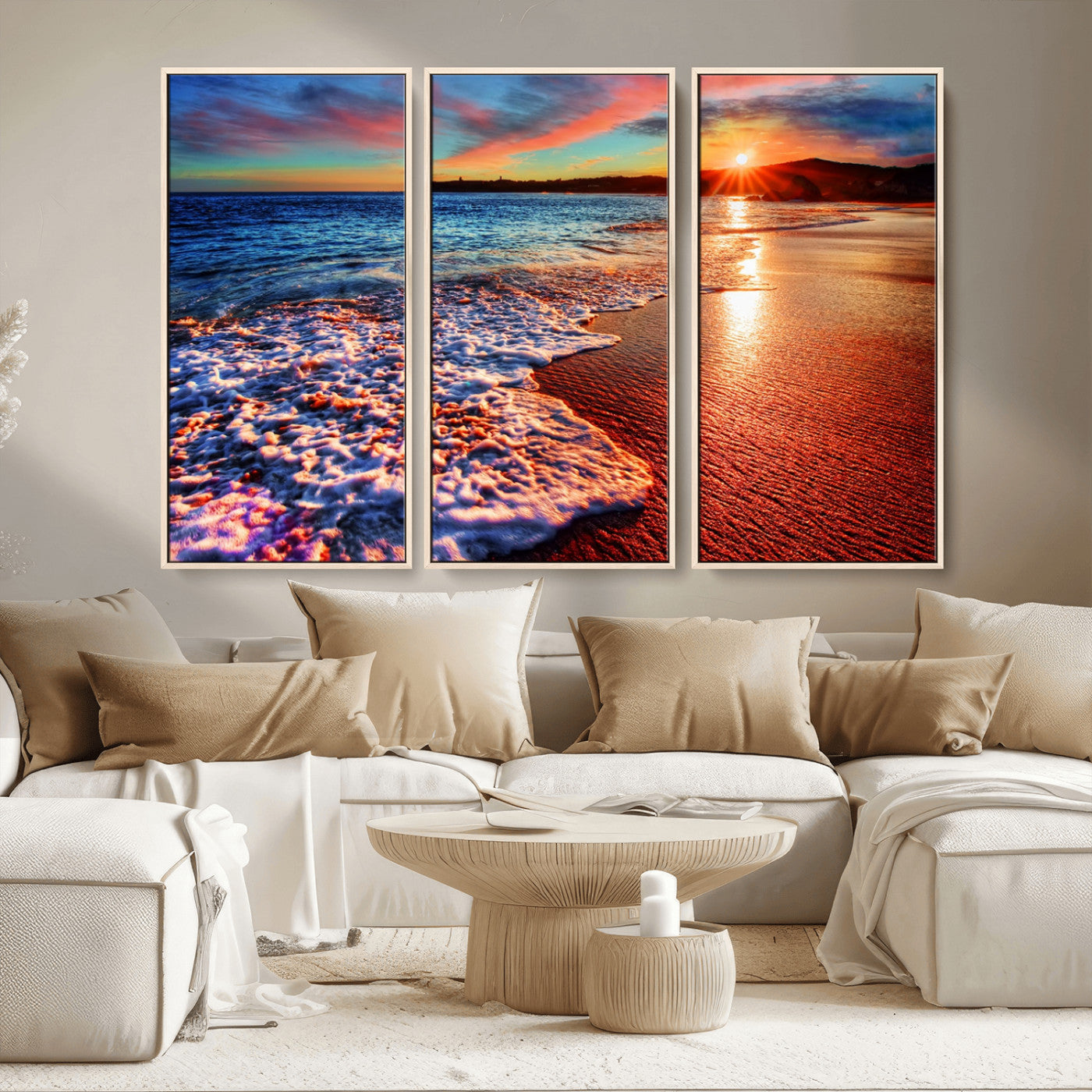 MGV-FC-48X32-3P - Colorful Coastal Sunset on the Beach Canvas Print, Ocean Waves Crashing at Dusk, Multi-Panel Seascape Vibrant Coastal Wall Art Canvas Print