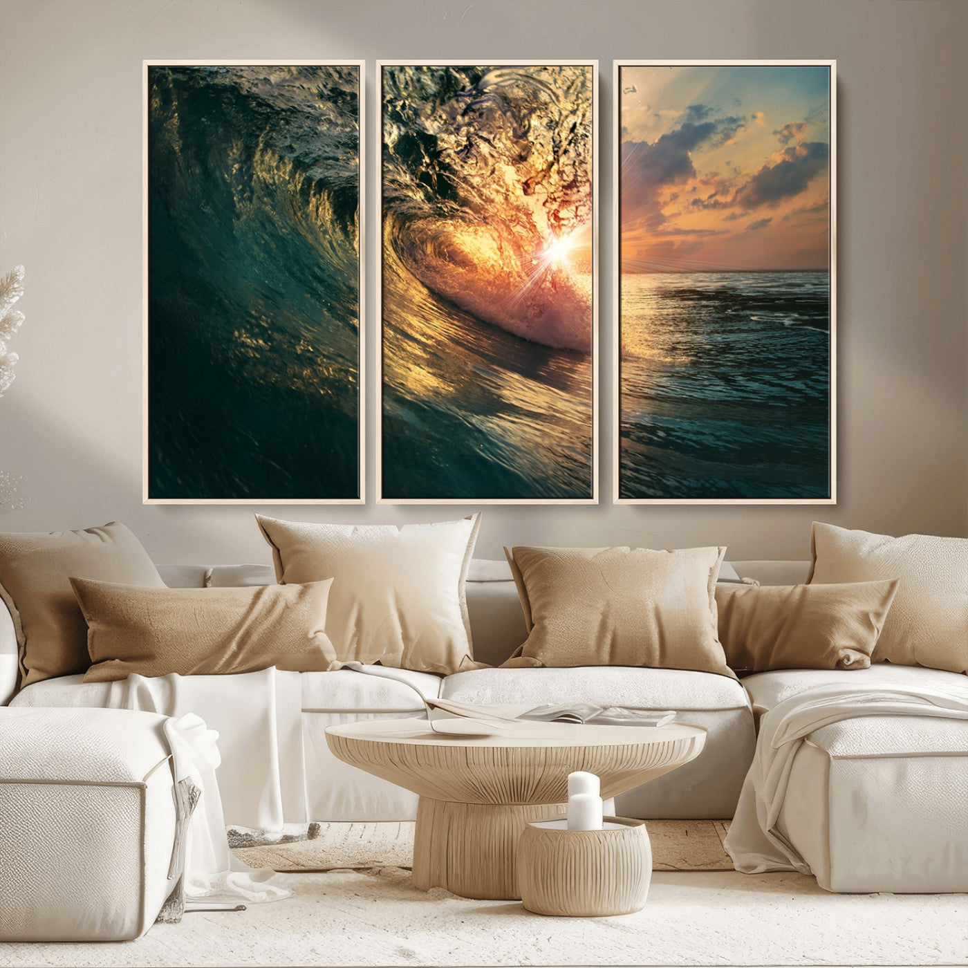 MGV-FC-48X32-3P - Ocean Wave Sunset Canvas Wall Art – Triptych Seascape Print – Framed and Ready to Hang for Living Room or Office