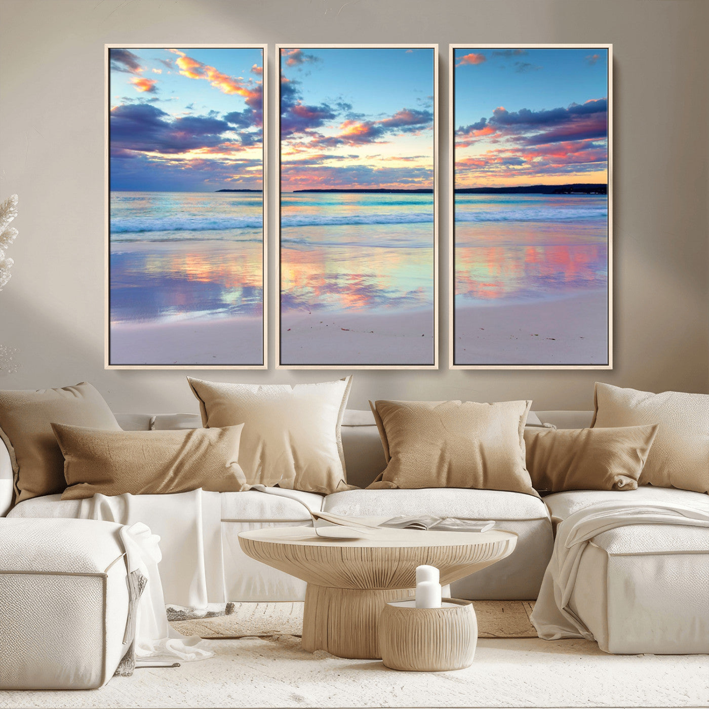MGV-FC-48X32-3P - Tranquil Pastel Sunset Beach Triptych Canvas Art, Soothing Coastal Ocean Shoreline Giclee Print, Beach Reflections Wall Decor for Serene Spaces