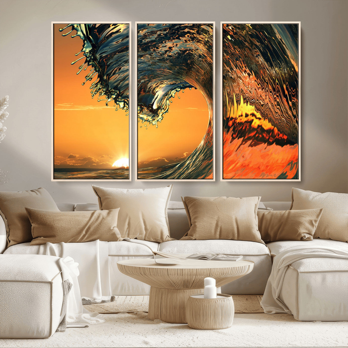-Surf Wave Sunset Canvas Wall Art Print, 3-Panel Ocean Coastal Wall Art Print, Ocean Decor for