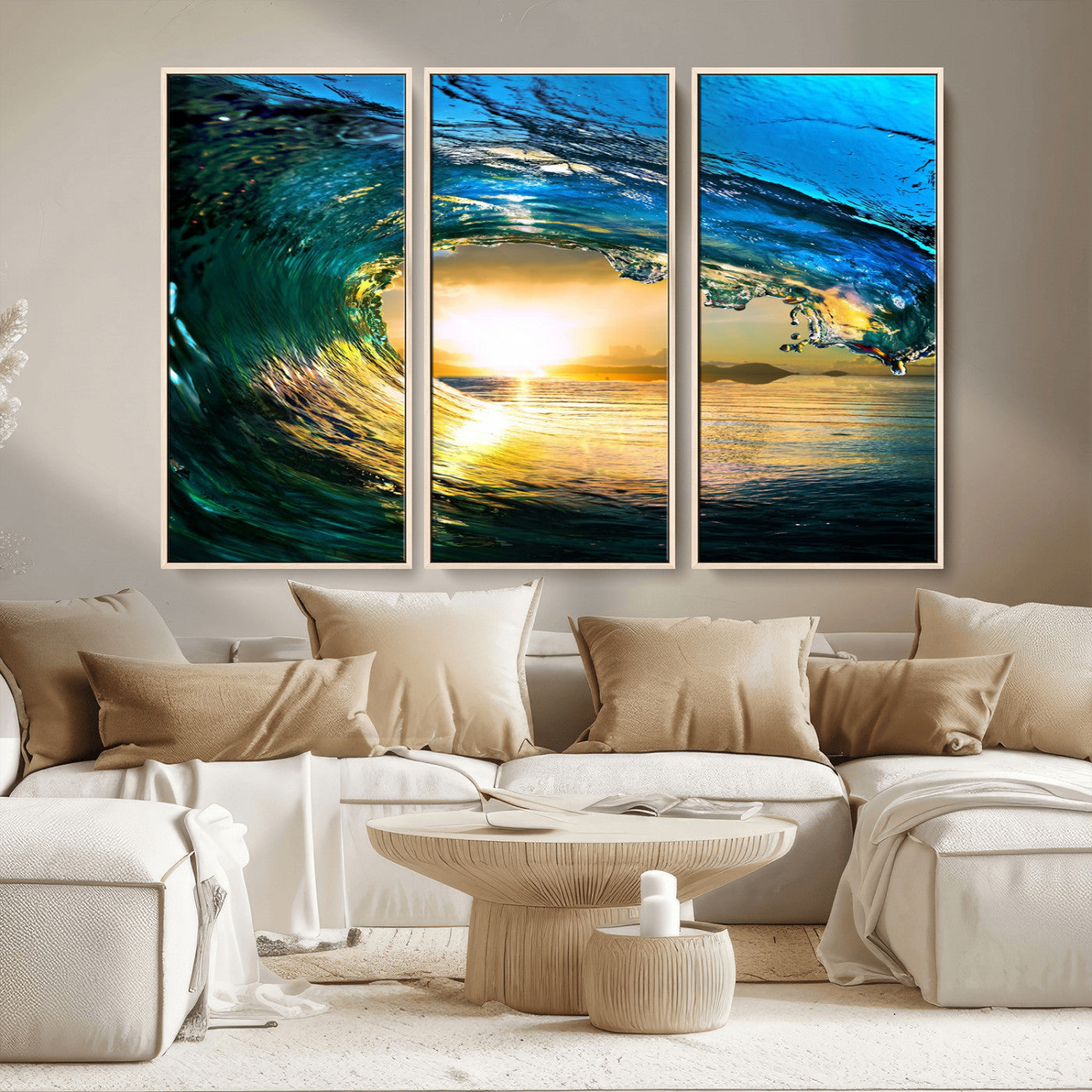 MGV-FC-48X32-3P - Ocean Wave at Sunset Canvas Art, Large Wall Print of Vibrant Water Waves, Coastal Art for Living Room and Dining Room