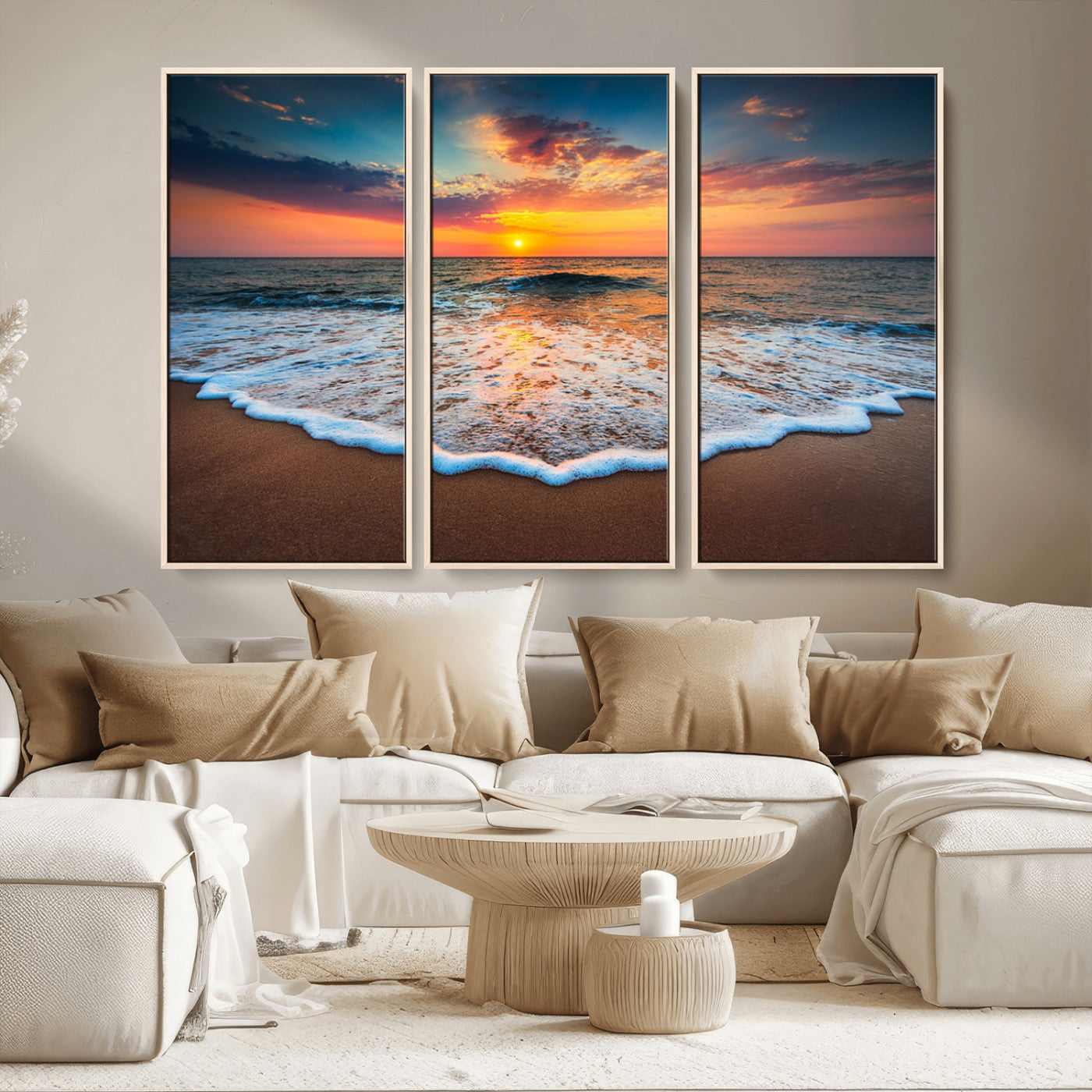MGV-FC-48X32-3P - Sunset Beach Canvas Wall Art – Colorful Ocean Waves Triptych – Coastal Decor for Living Room or Bedroom – Framed and Ready to Hang