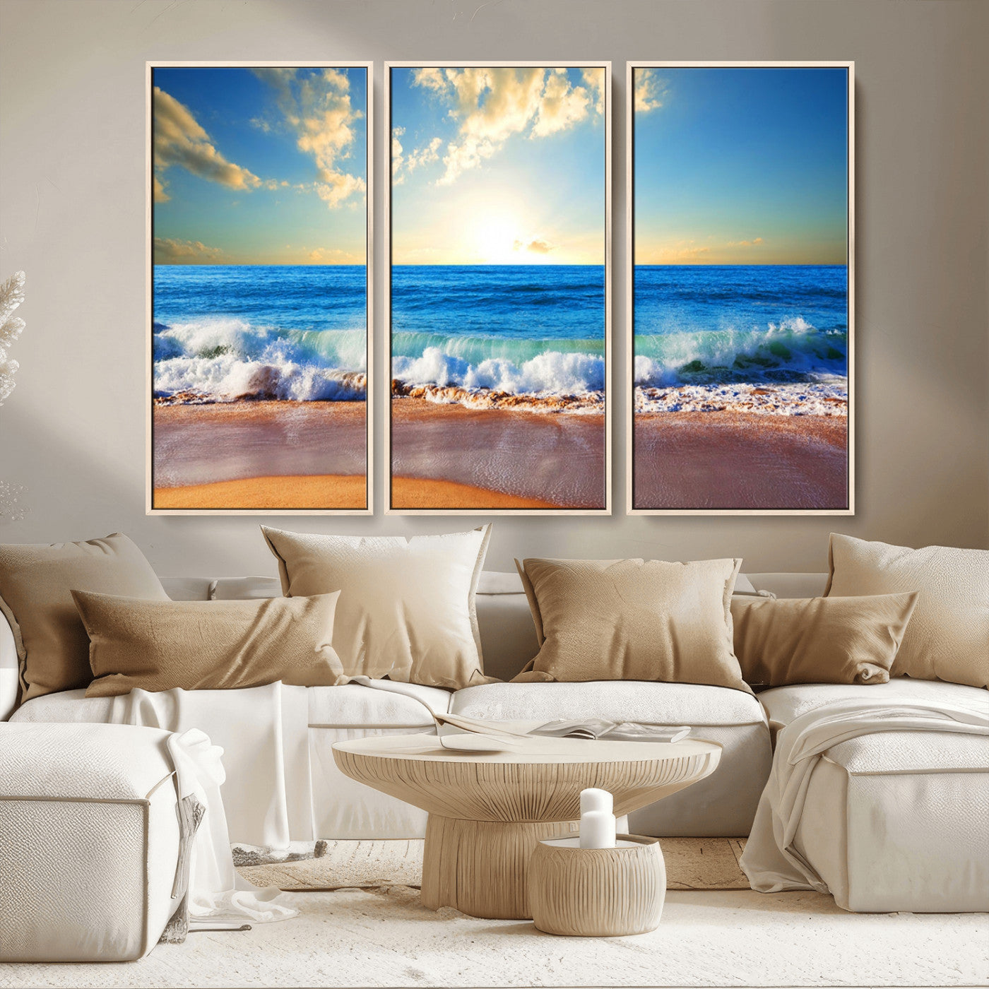 MGV-FC-48X32-3P - Tropical Beach Sunset Canvas Art, Ocean Waves and Sandy Shoreline Wall Art, Large Beach Decor for Coastal Homes