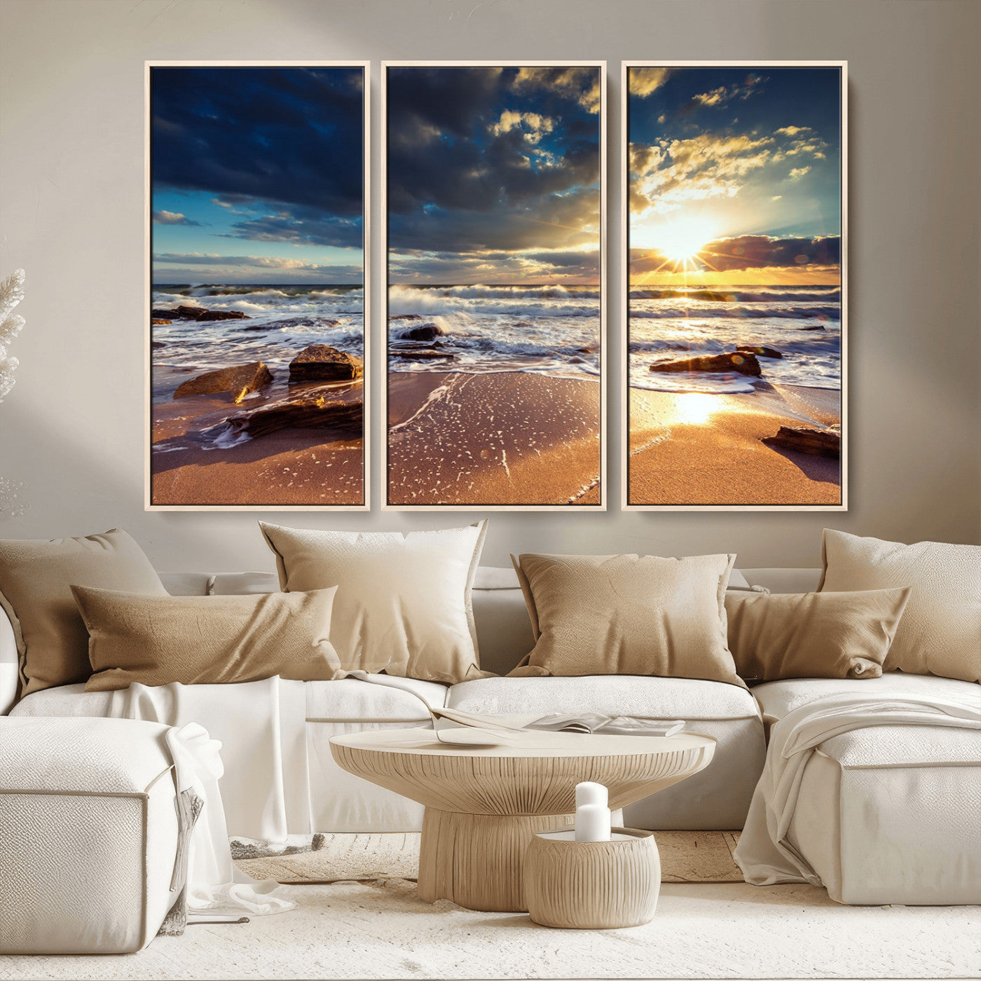 MGV-FC-48X32-3P - Golden Hour Beach Sunset Canvas Triptych, Ocean Waves and Rocks Wall Art for Coastal Home Decor