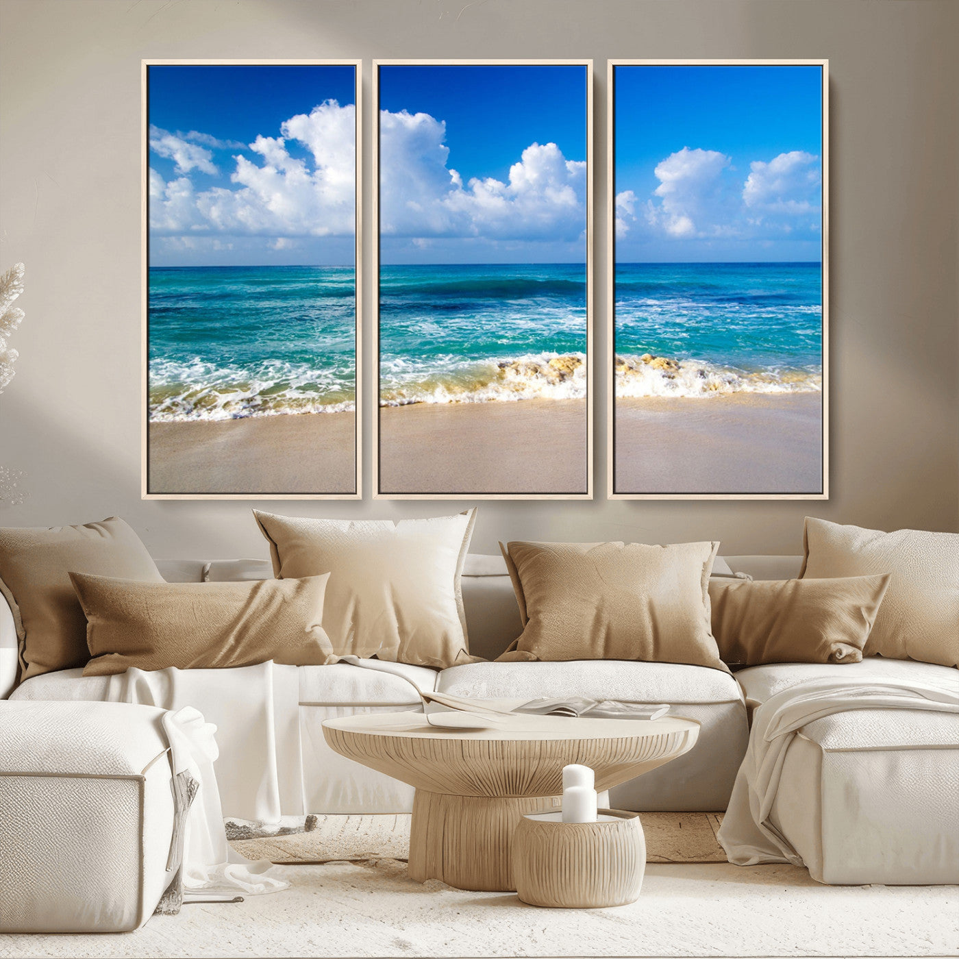 MGV-FC-48X32-3P - Tropical Beach 3-Panel Canvas Wall Art – Serene Ocean Waves and Blue Sky – Giclée Print for Living Room, Office, or Bedroom Coastal Decor